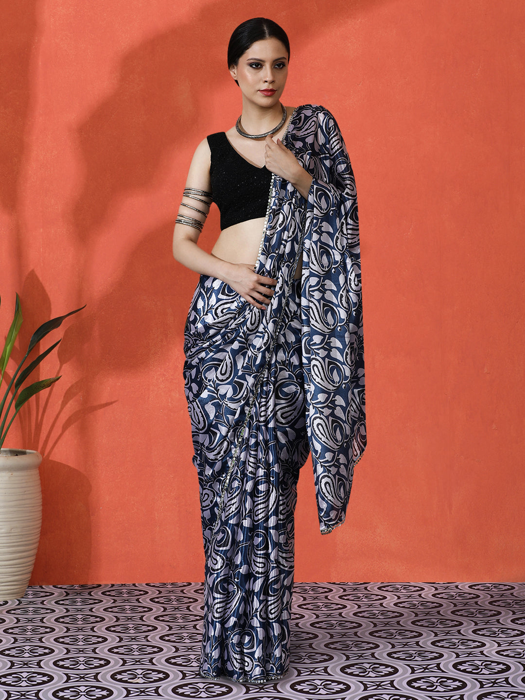 Blue Chinon Designer Digital Printed Girlie Partywear Saree