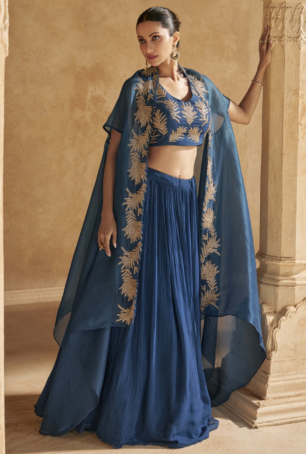 Blue Chinon Silk Lehenga Choli With Handwork Jacket