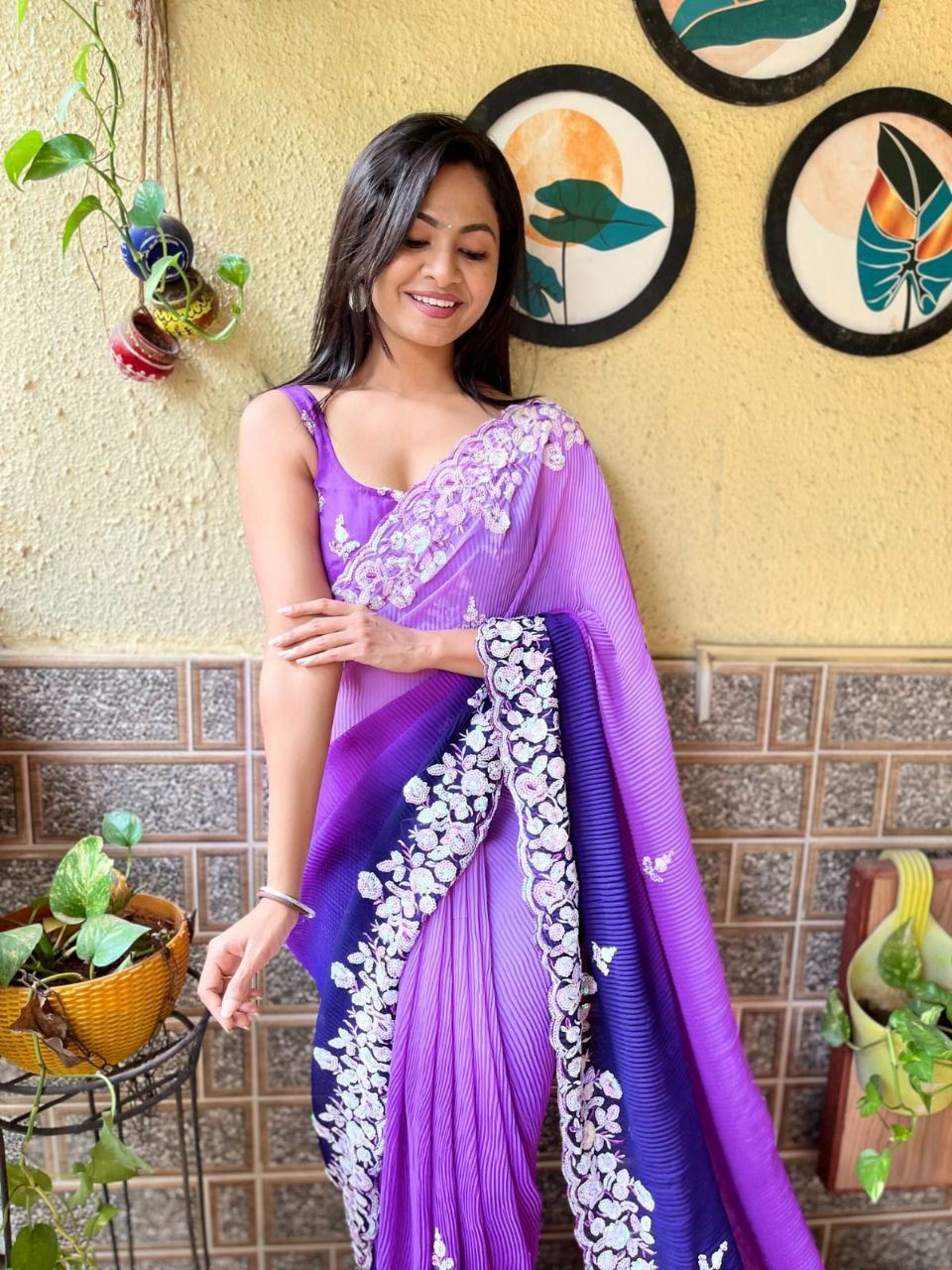 Blue Colour Georgette Embroidery Crush Work Saree
