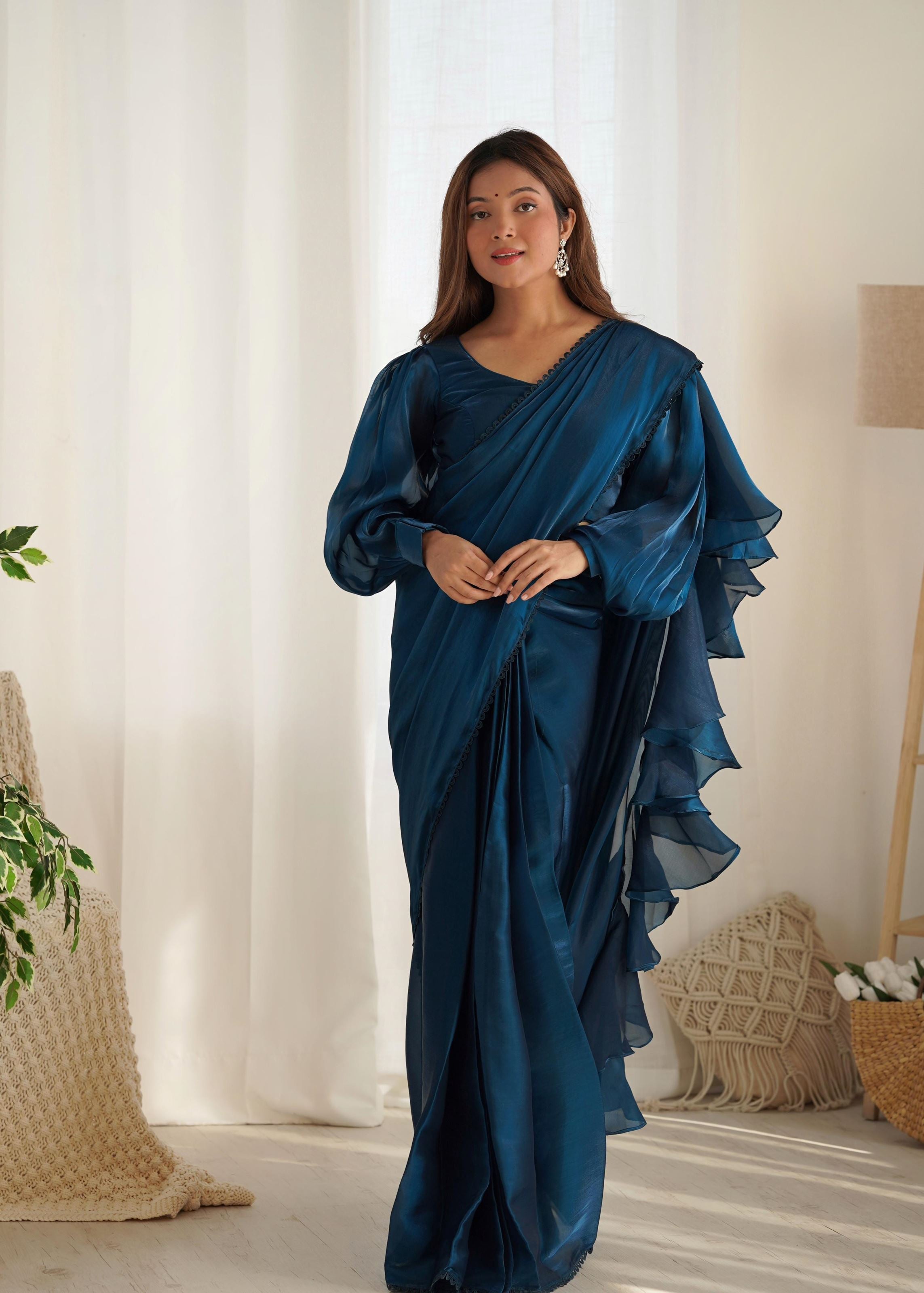 Blue Colour Zimichhu Silk Ready To Wear Saree