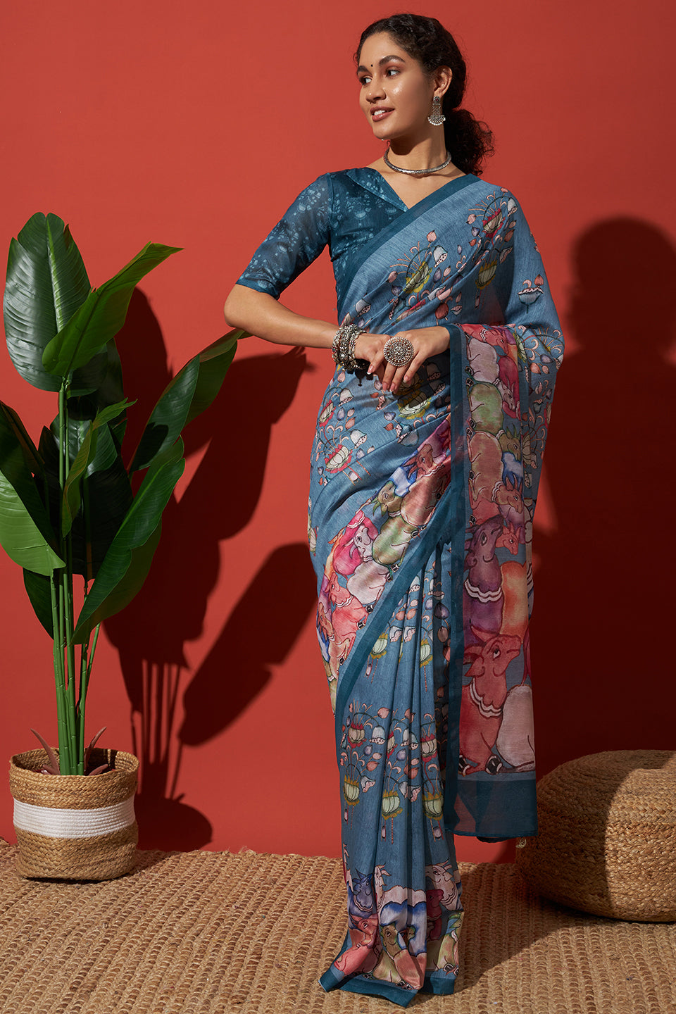 Blue Cotton Silk Designer Digital Printed Ethnic Ceremonial Saree