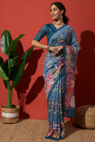 Blue Cotton Silk Designer Digital Printed Ethnic Ceremonial Saree