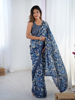 Blue Digital Printed Stylish Chinon Fanbric Glamorous Partywear Saree