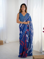 Blue Digital Printed Stylish Chinon Fanbric Glamorous Partywear Saree