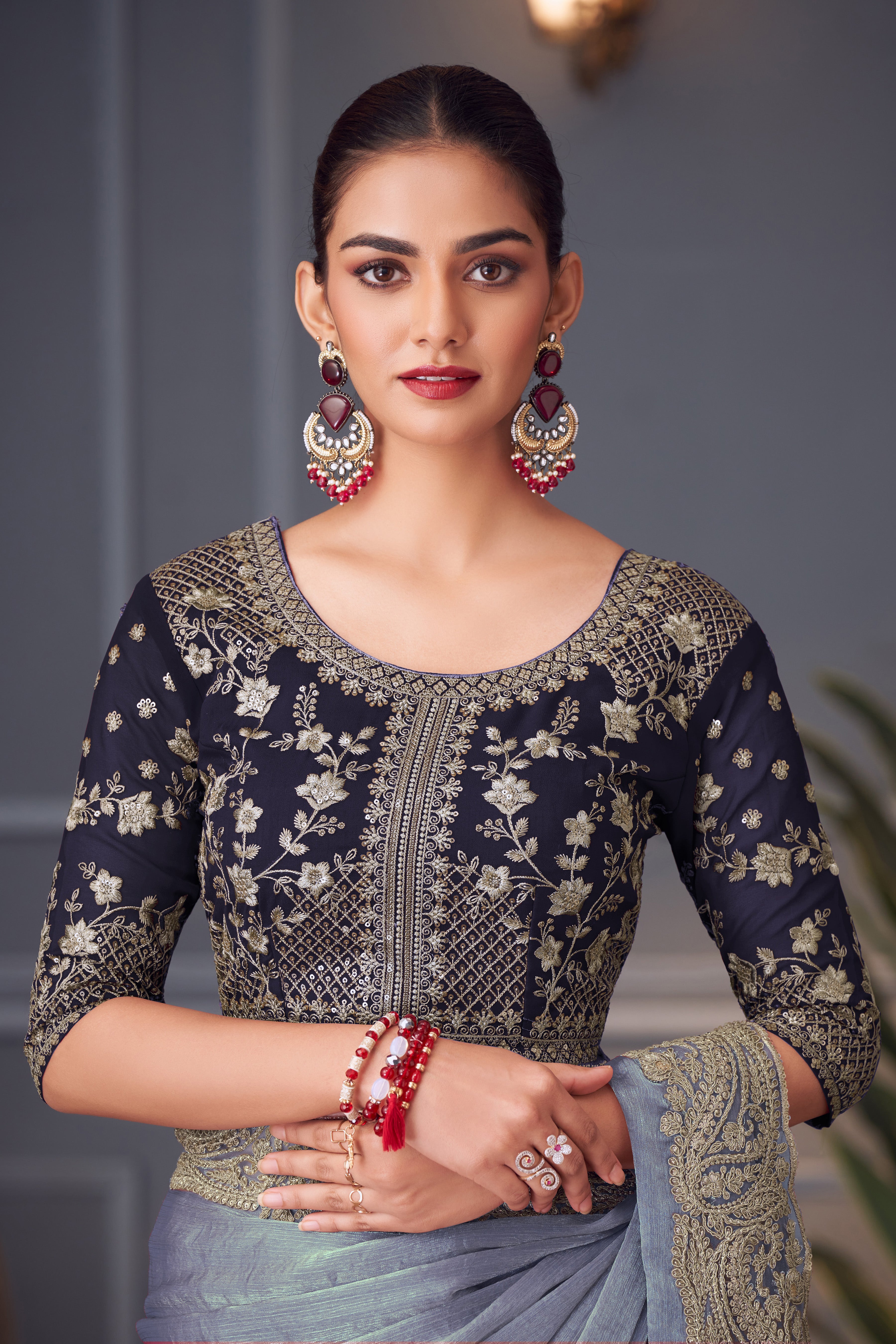 Blue Double Tone Silk Saree with Thread  Sequins Work