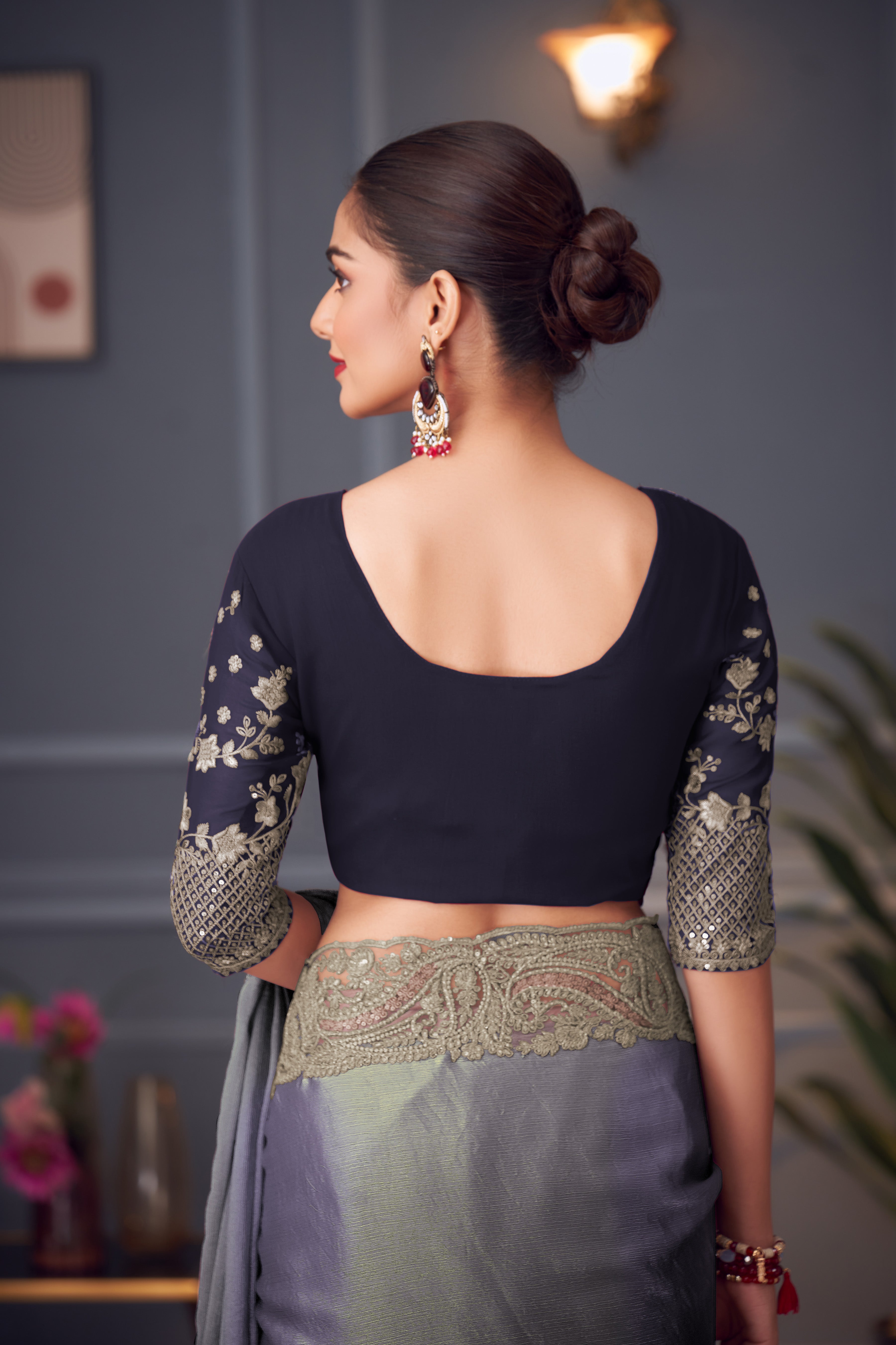 Blue Double Tone Silk Saree with Thread  Sequins Work