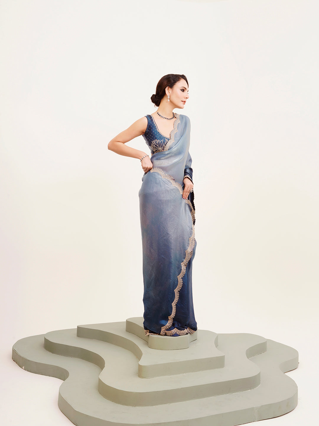 Blue Embellished Beads And Stones Satin Saree For Beautiful Partywear Saree