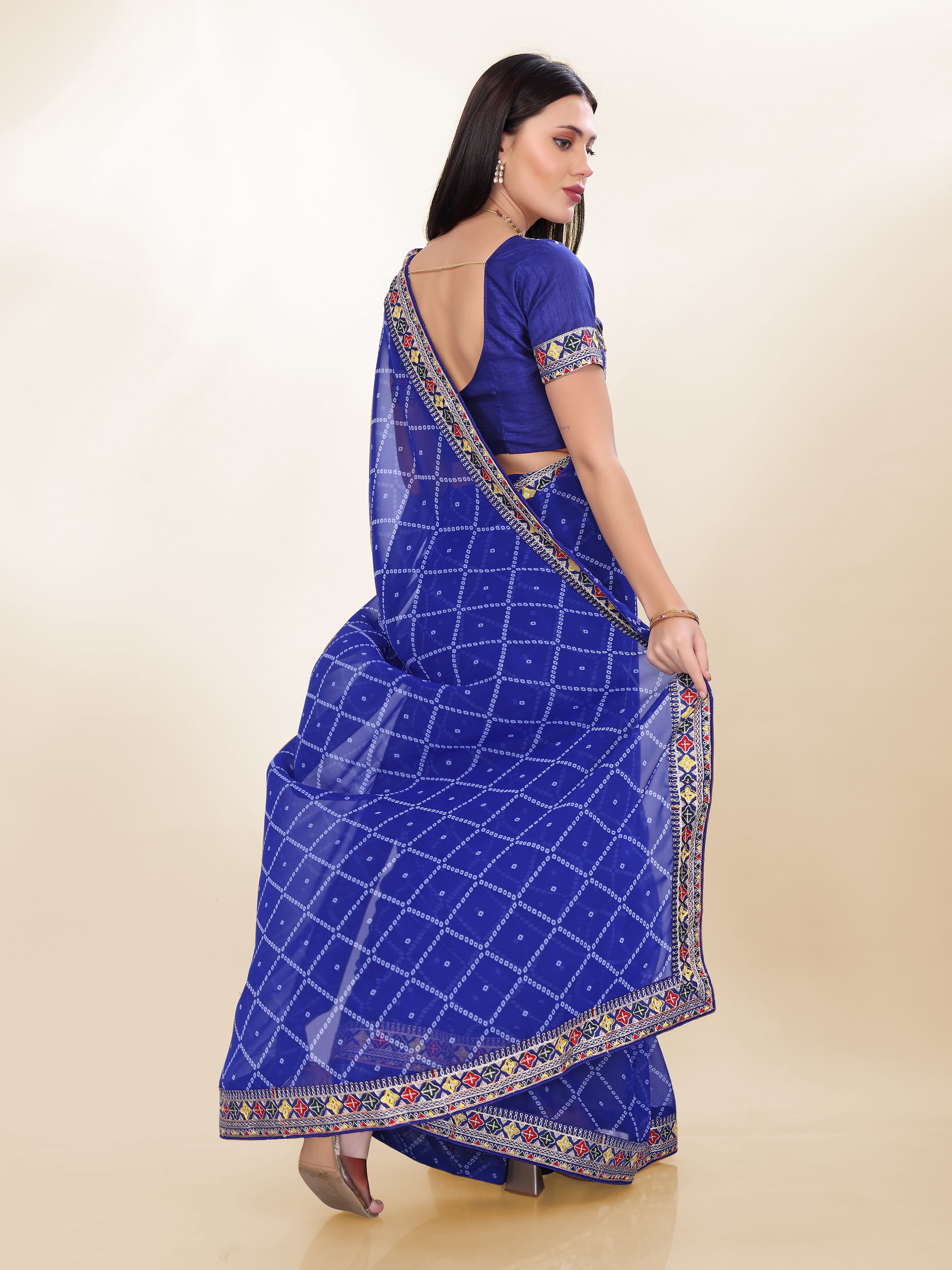 Blue Georgette Bandhej Printed Saree With Graceful Embroidery Work