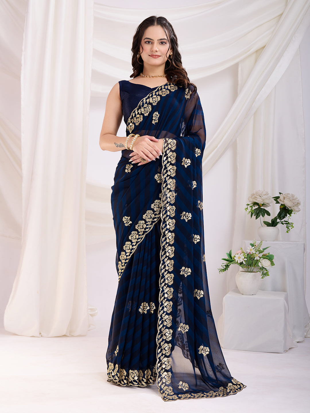 Blue Georgette Sequins Designer Bollywood Saree