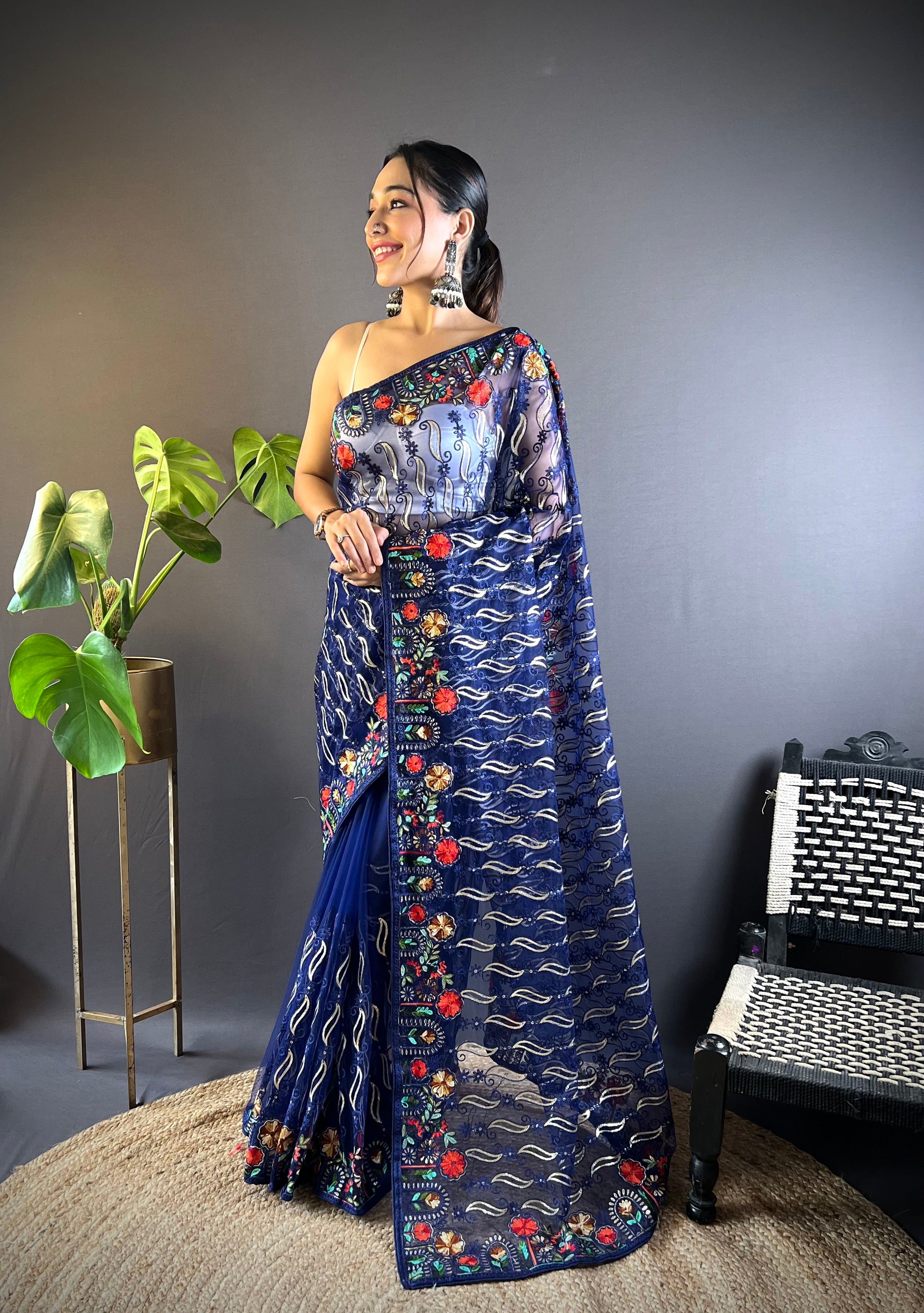Blue Girlie Butterfly Net Fabric Stylish Resham Embroidered Partywear Saree