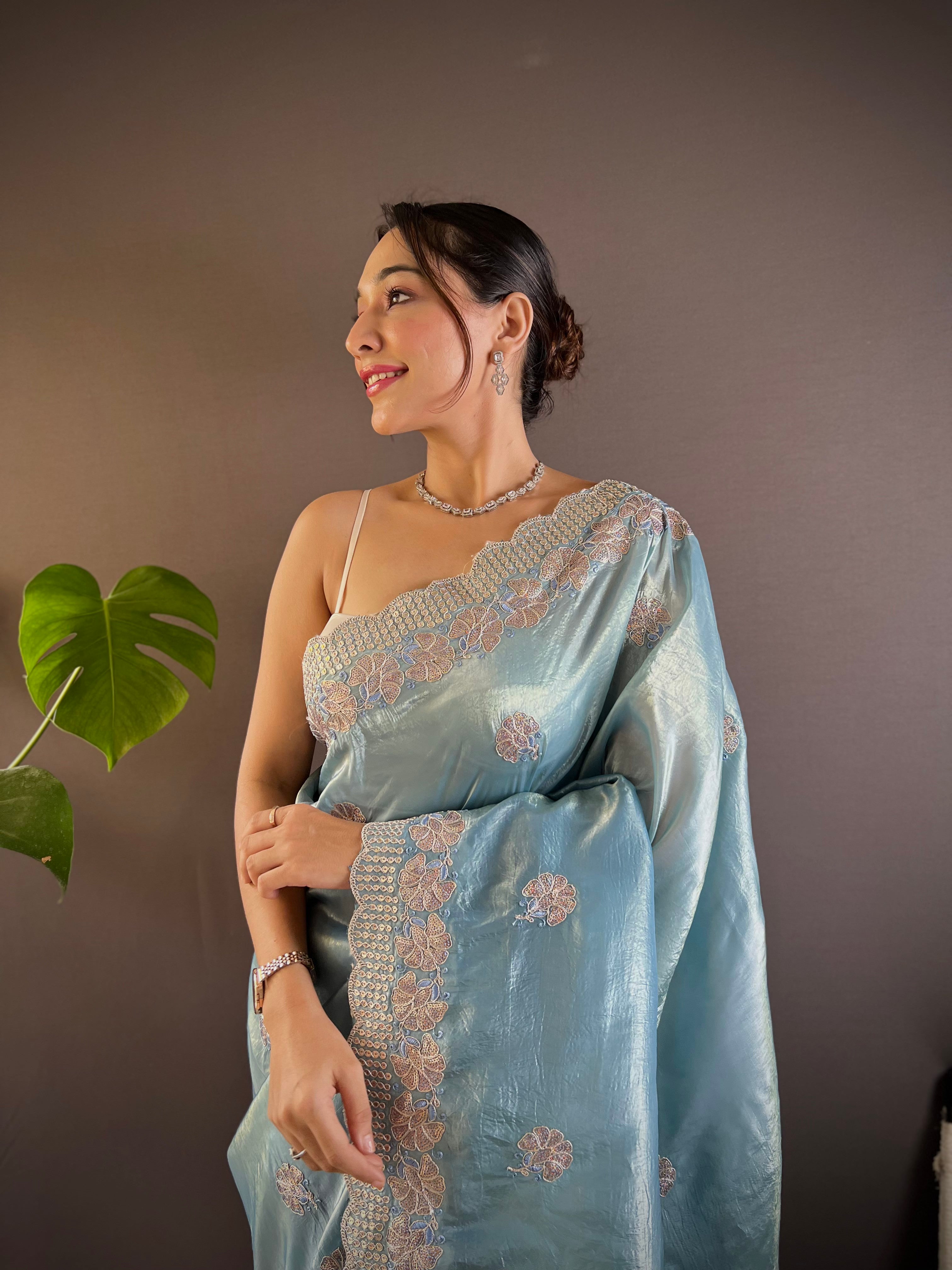 Blue Gold Crunchy Saree With Sequins Embroidery And Cut Work