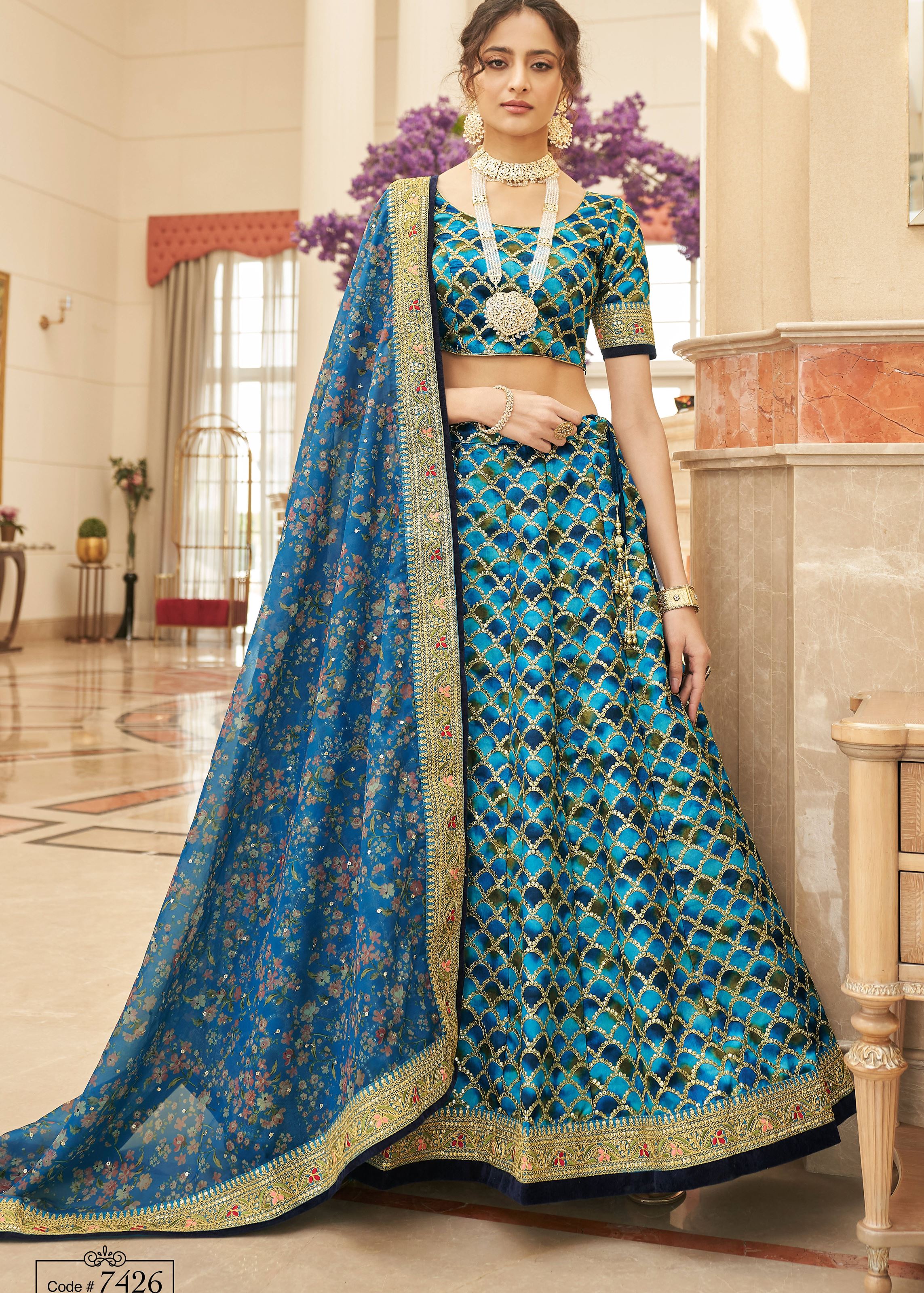 Blue Lehenga Choli With Thread, Zari, Dori And Sequins Embroidery Work