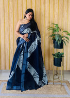 Blue Linen Cotton Digital Batik Printed Traditional Looks Saree