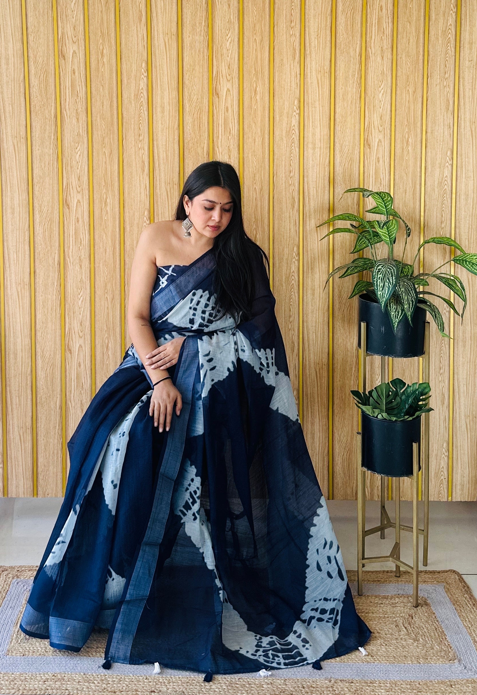 Blue Linen Cotton Digital Batik Printed Traditional Looks Saree