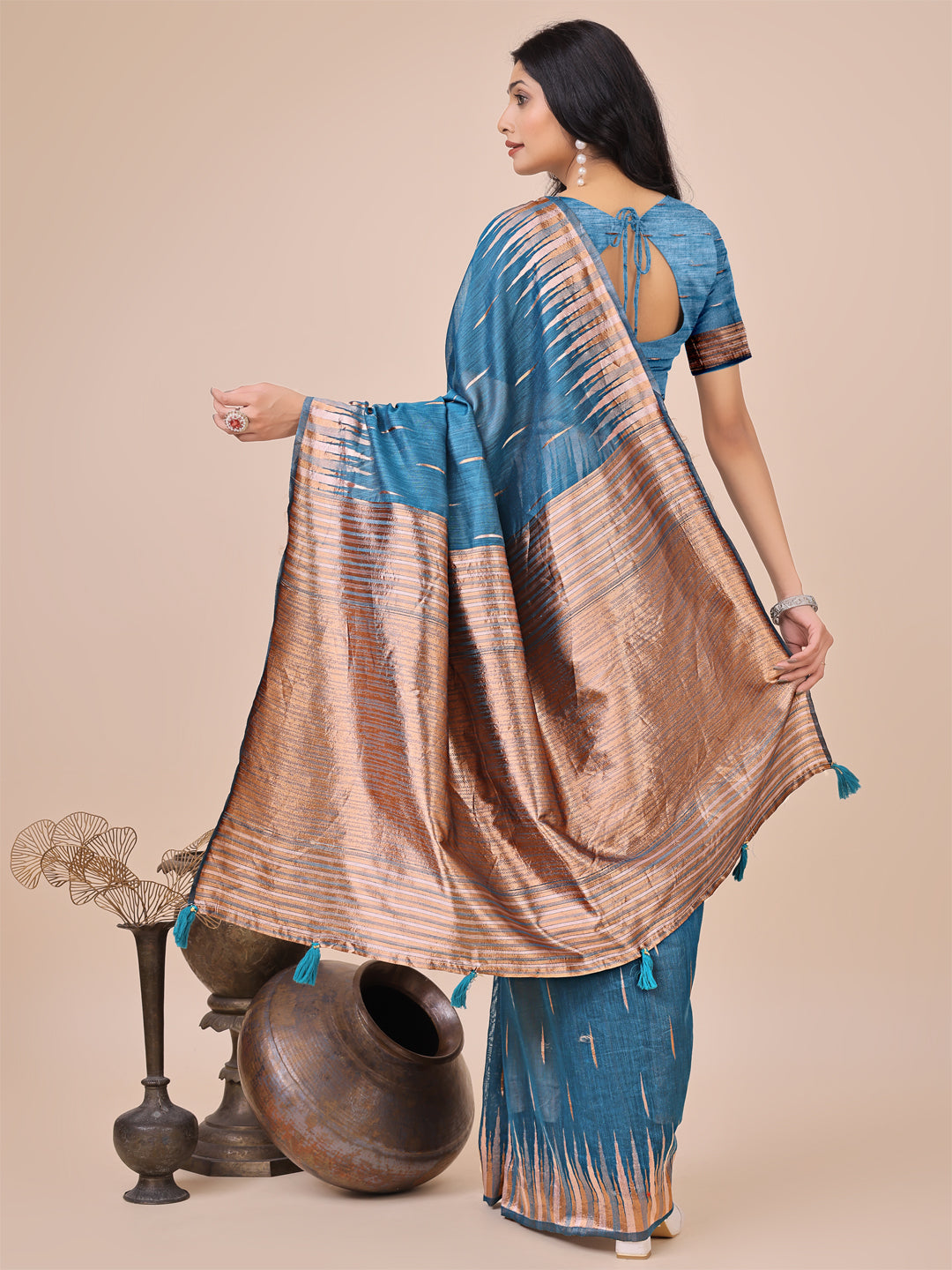 Blue Linen Cotton Woven Jacquard Designer Festive Wear Saree