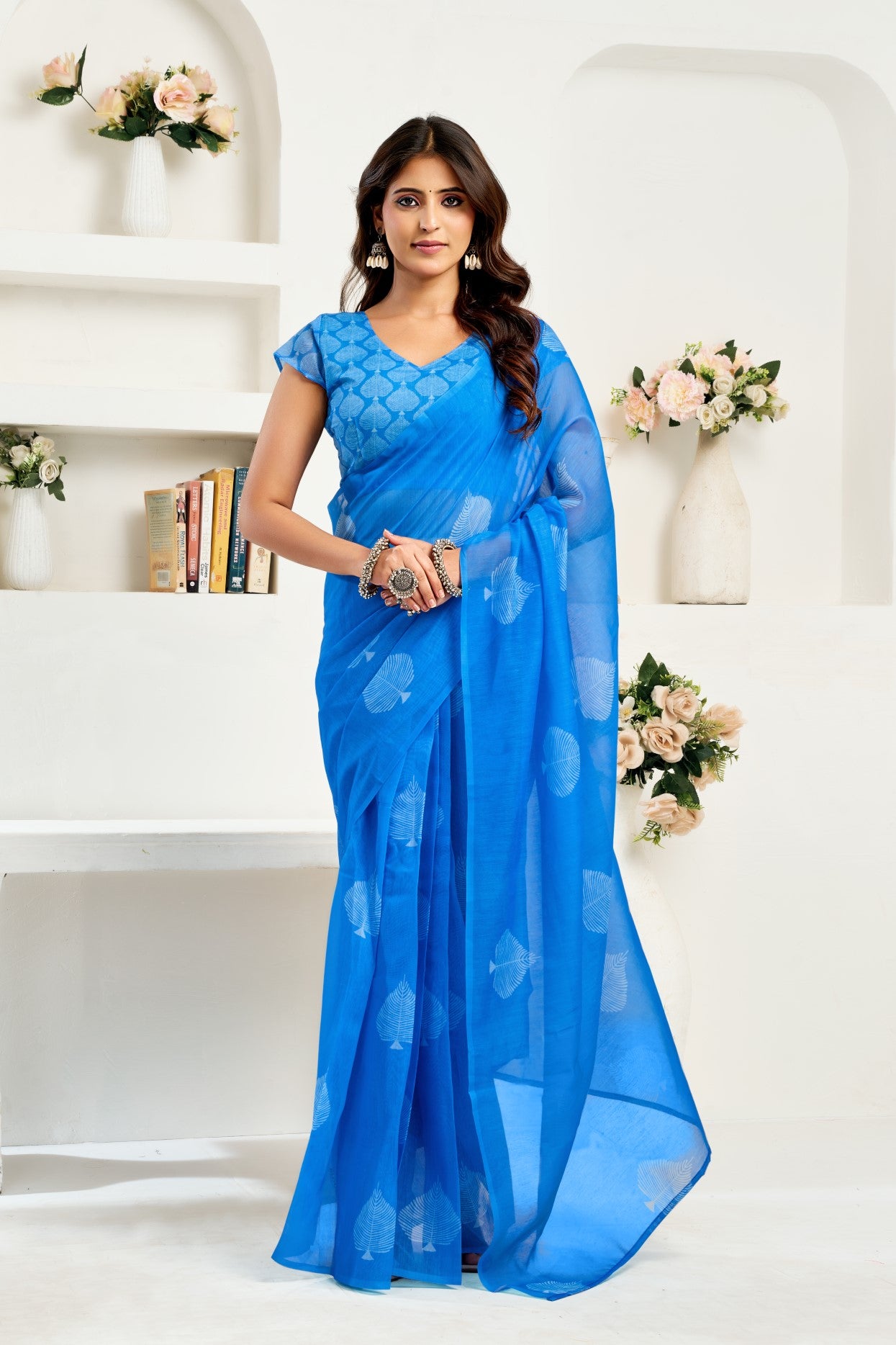 Blue Linen Ready To Wear Saree With Zari Border Printed
