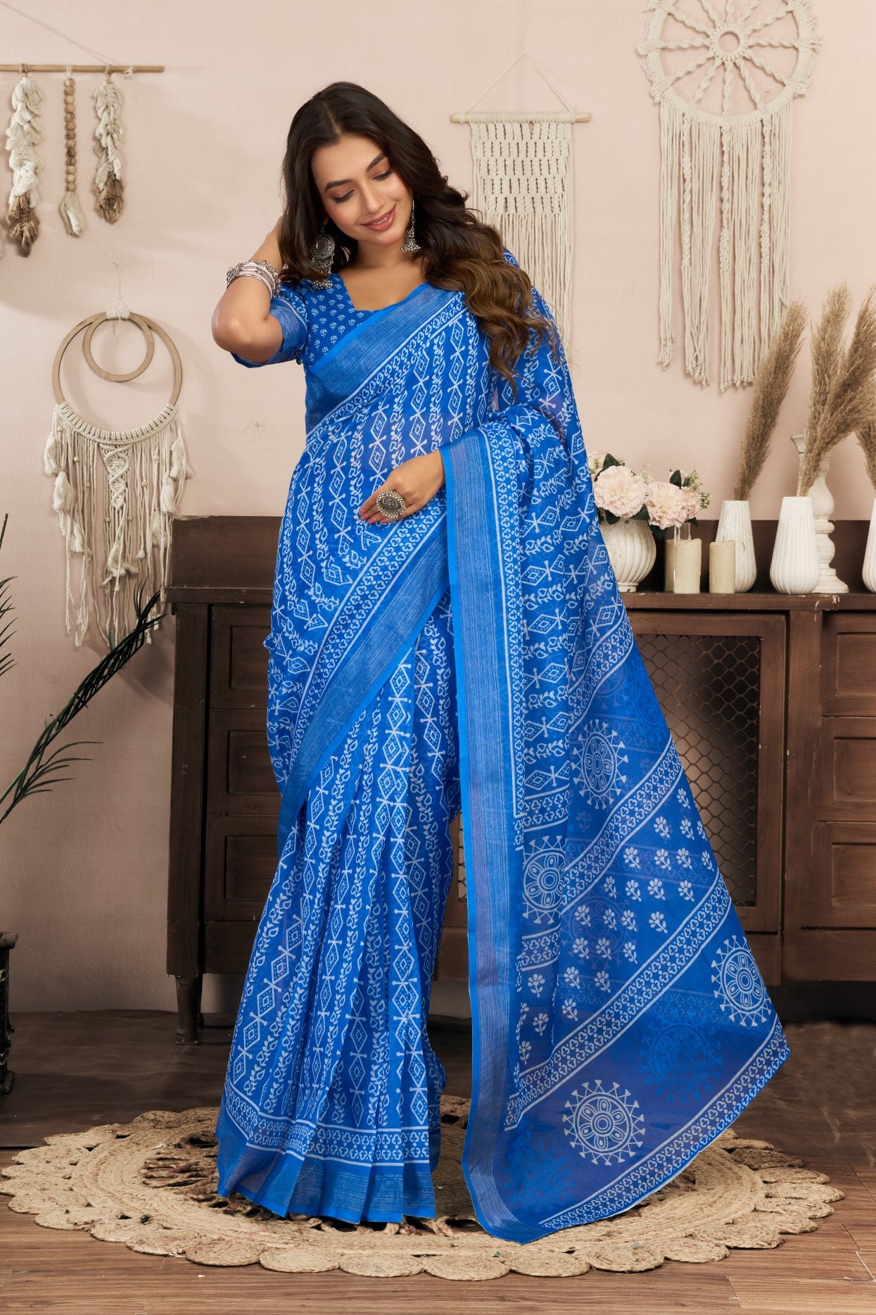 Blue Linen Ready To Wear Saree With Zari Border Printed