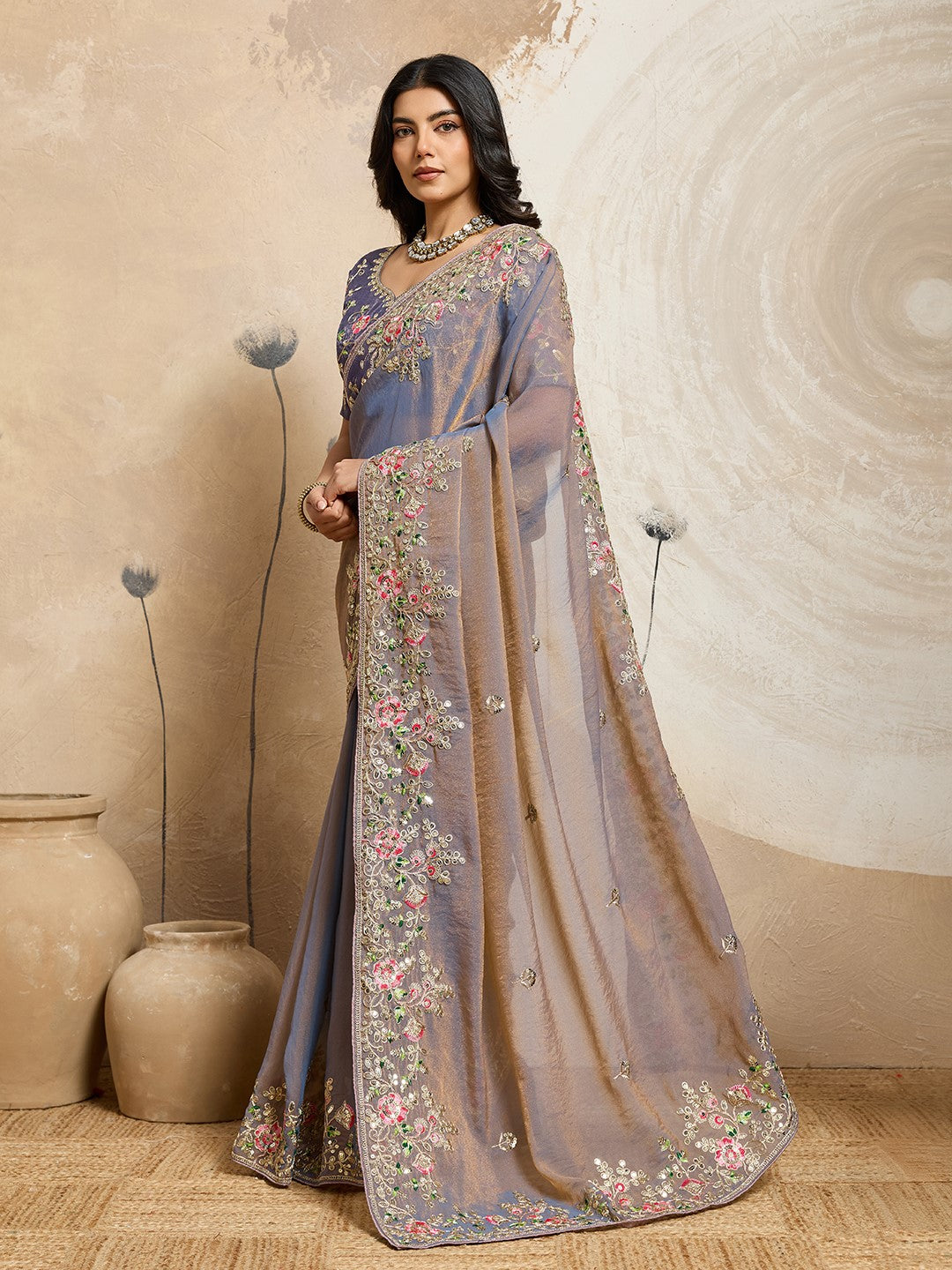 Blue Moss Chiffon Saree With Designer Embroidery