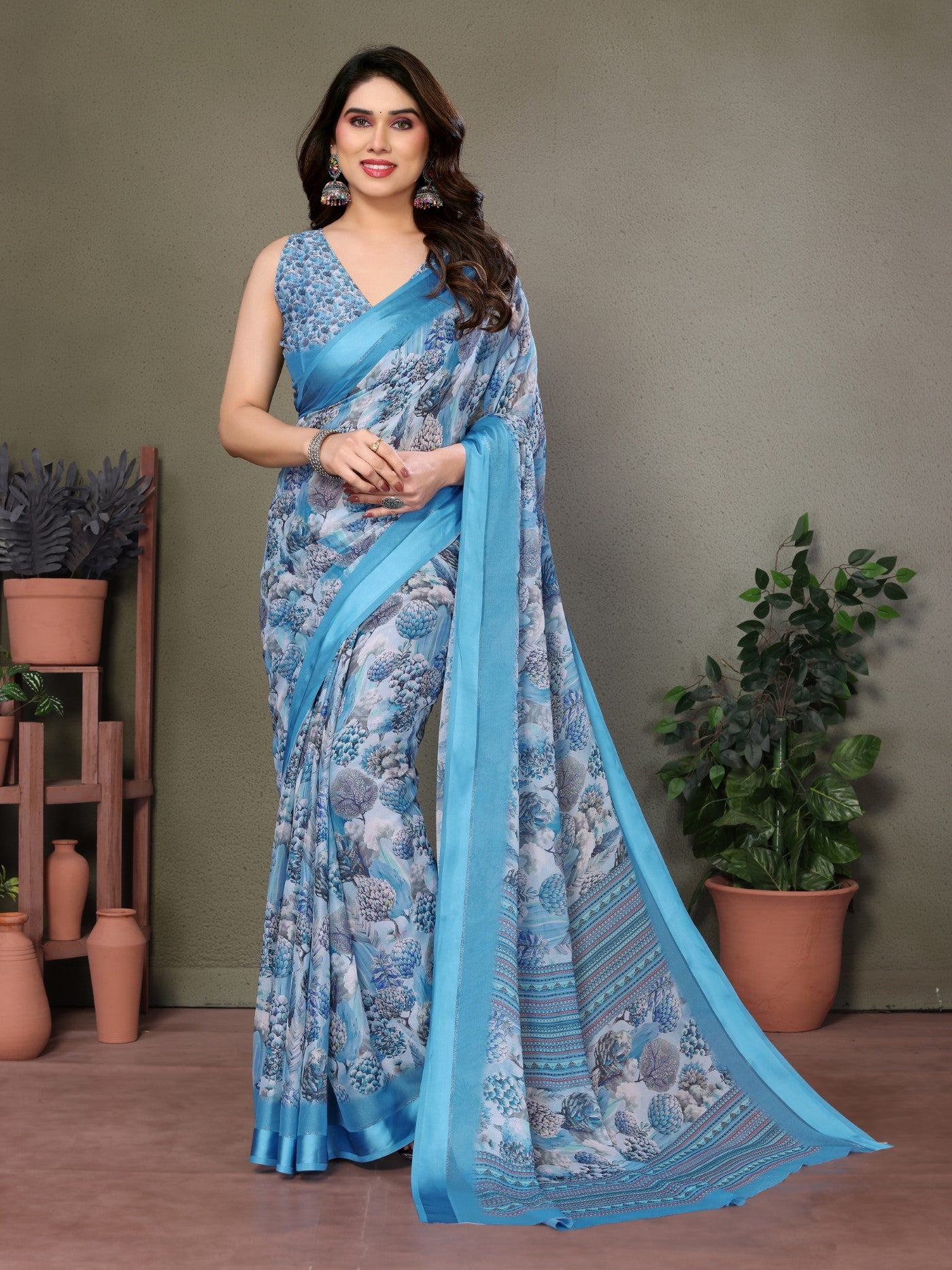 Blue Moss Satin Patta Saree with Digital Print