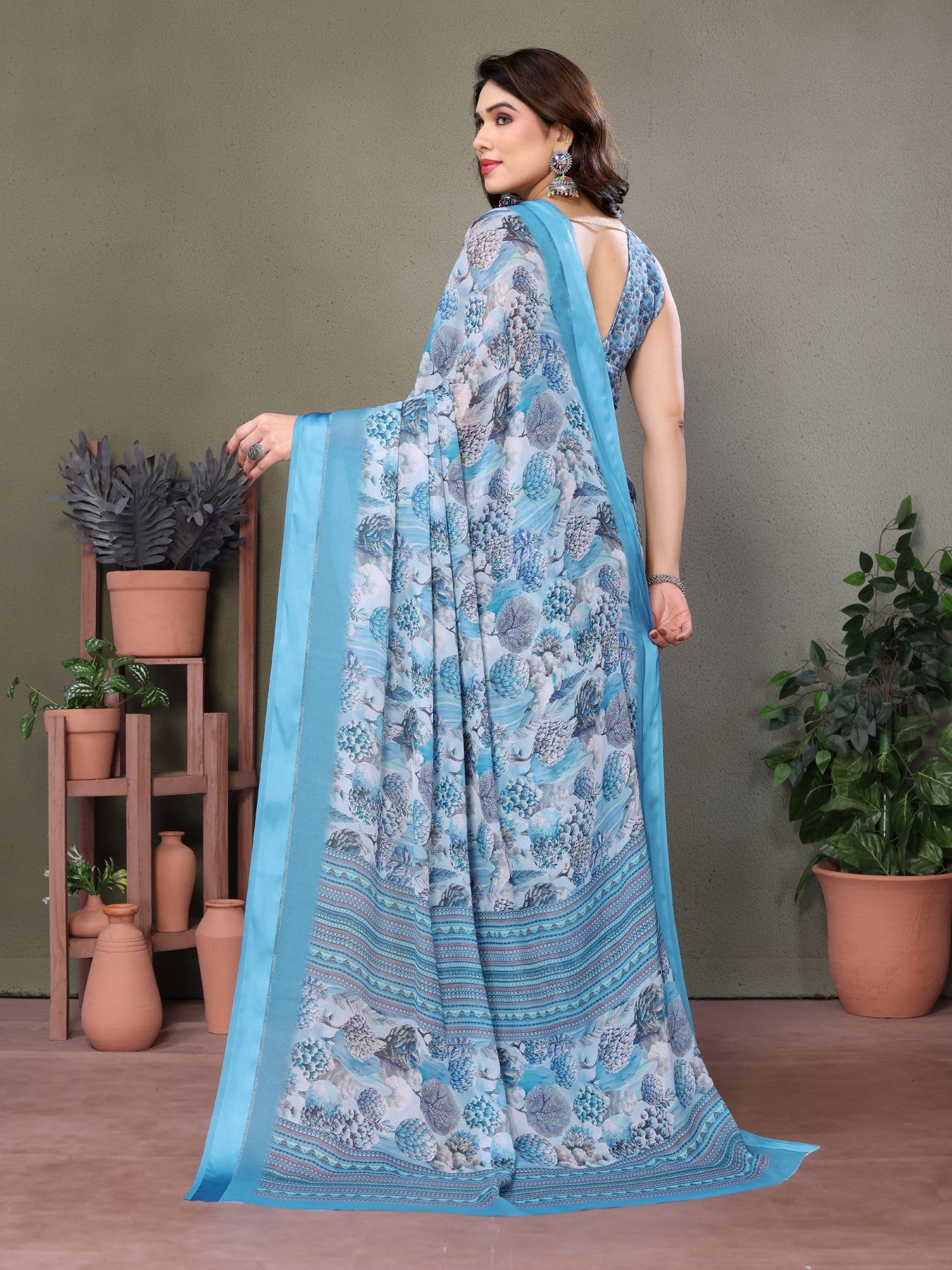 Blue Moss Satin Patta Saree with Digital Print