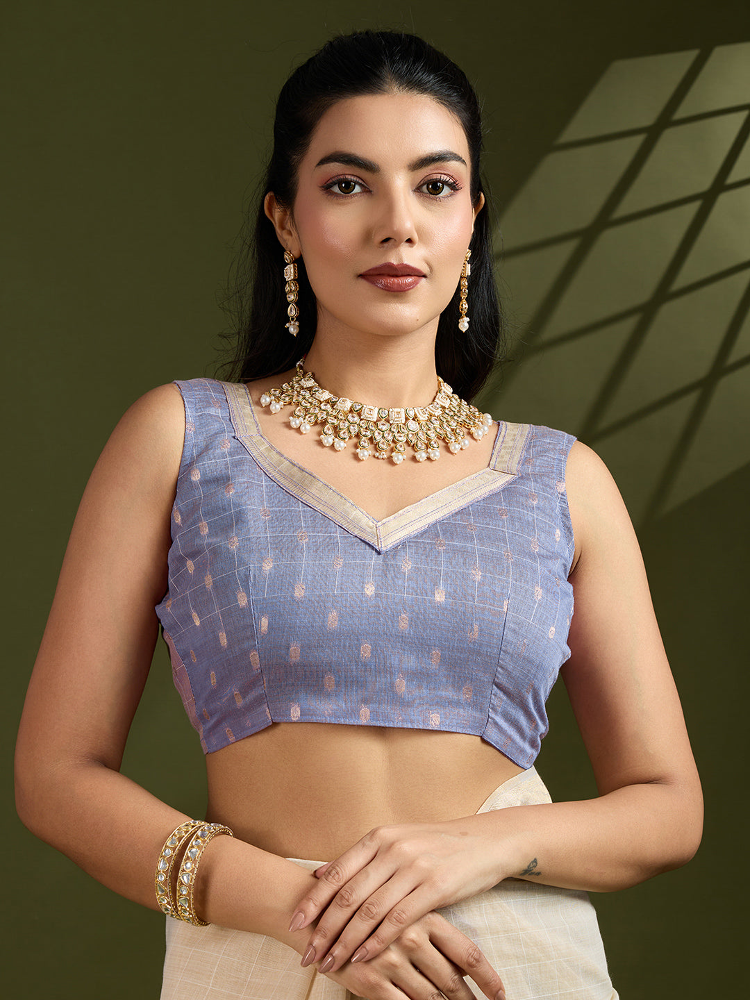 Blue Muga Cotton Saree with Self Checks and Kalamkari Pallu
