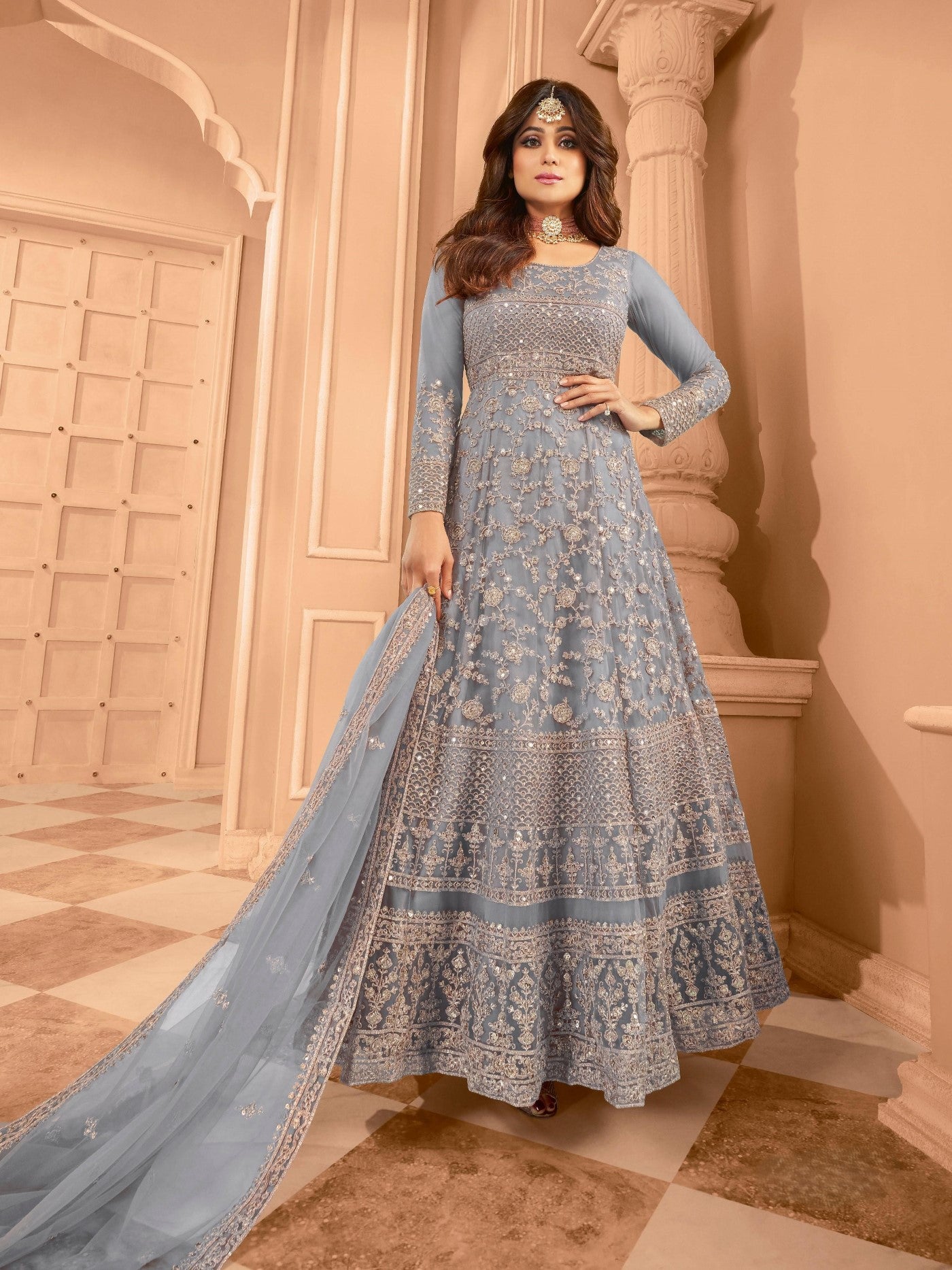Blue Net Designer Suit Set With Intricate Embroidery