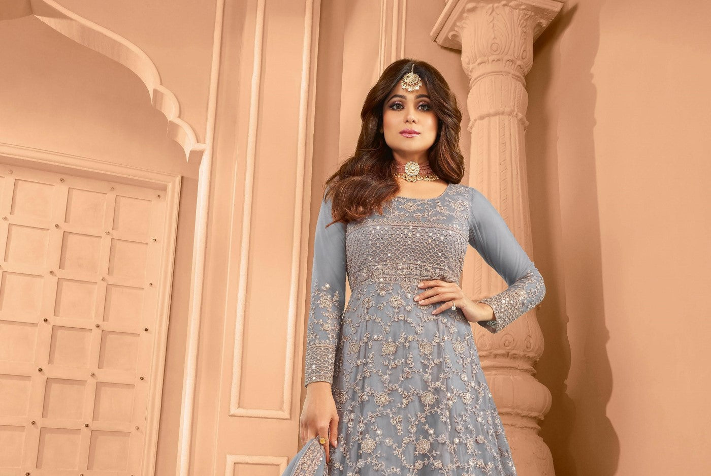 Blue Net Designer Suit Set With Intricate Embroidery