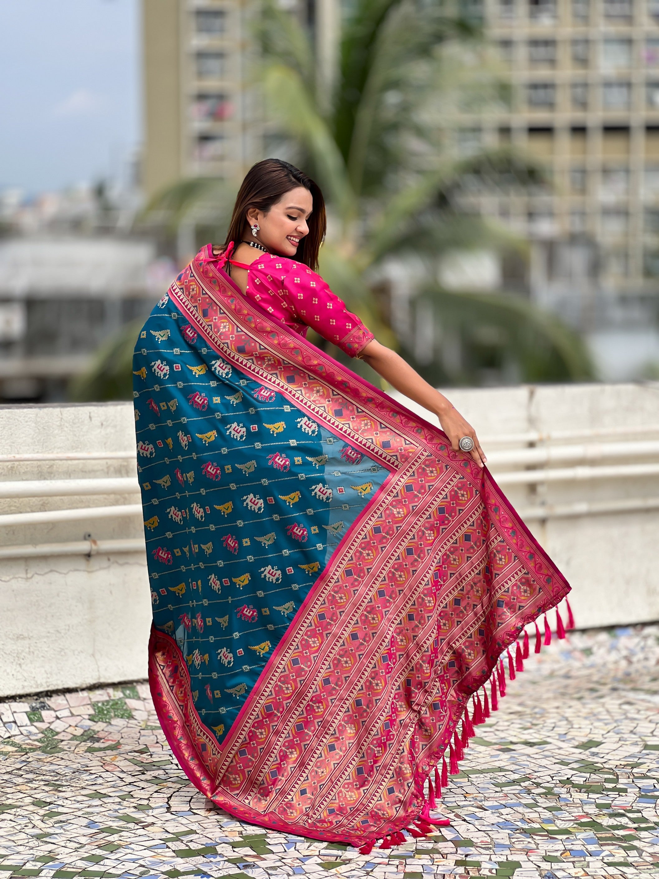 Blue Patola Silk Saree With Woven Meenakari Ikkat Designer For Festive Looks