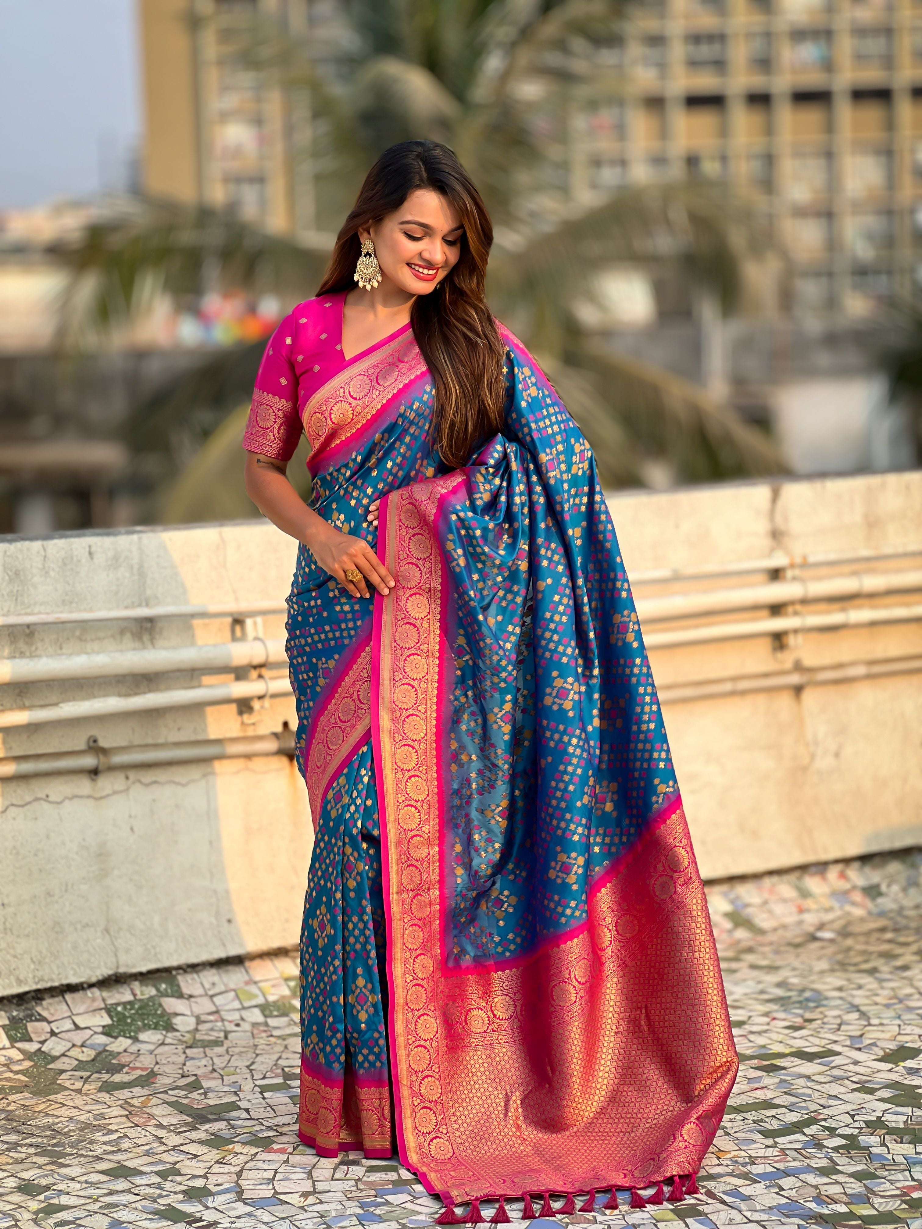 Blue Patola Silk Weaving Ikkat Meenakari Designer Graceful Ceremonial Saree