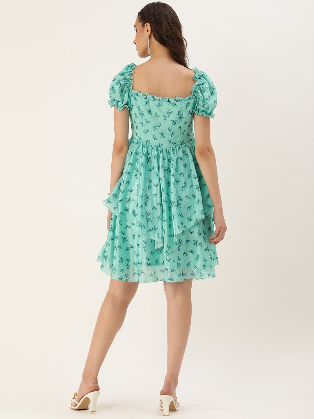 Blue Polyester Dress & Gown With Floral Print