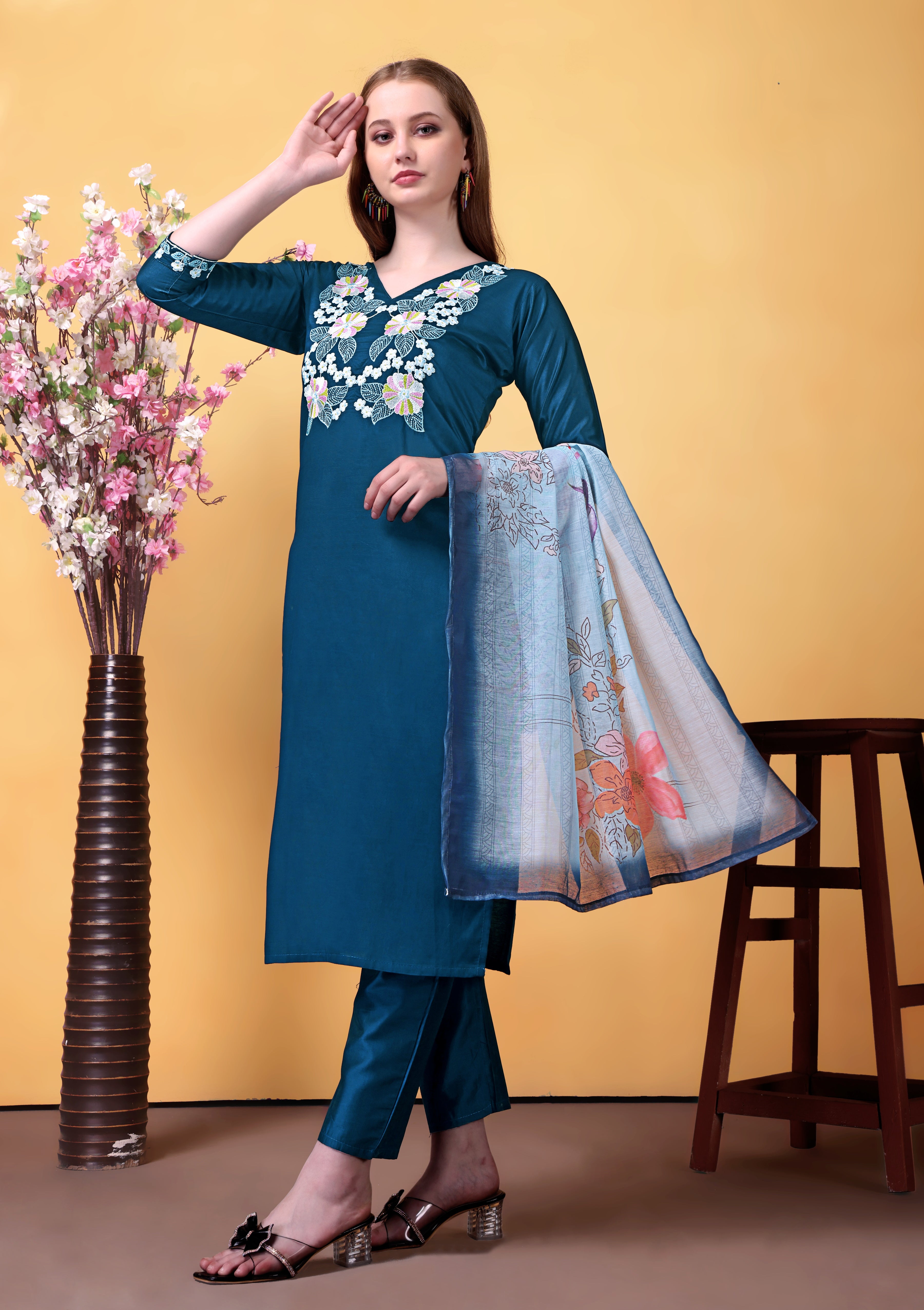 Blue Rayon Kurta Pant Set With Heavy Thread Embroidery Work With Printed Dupatta