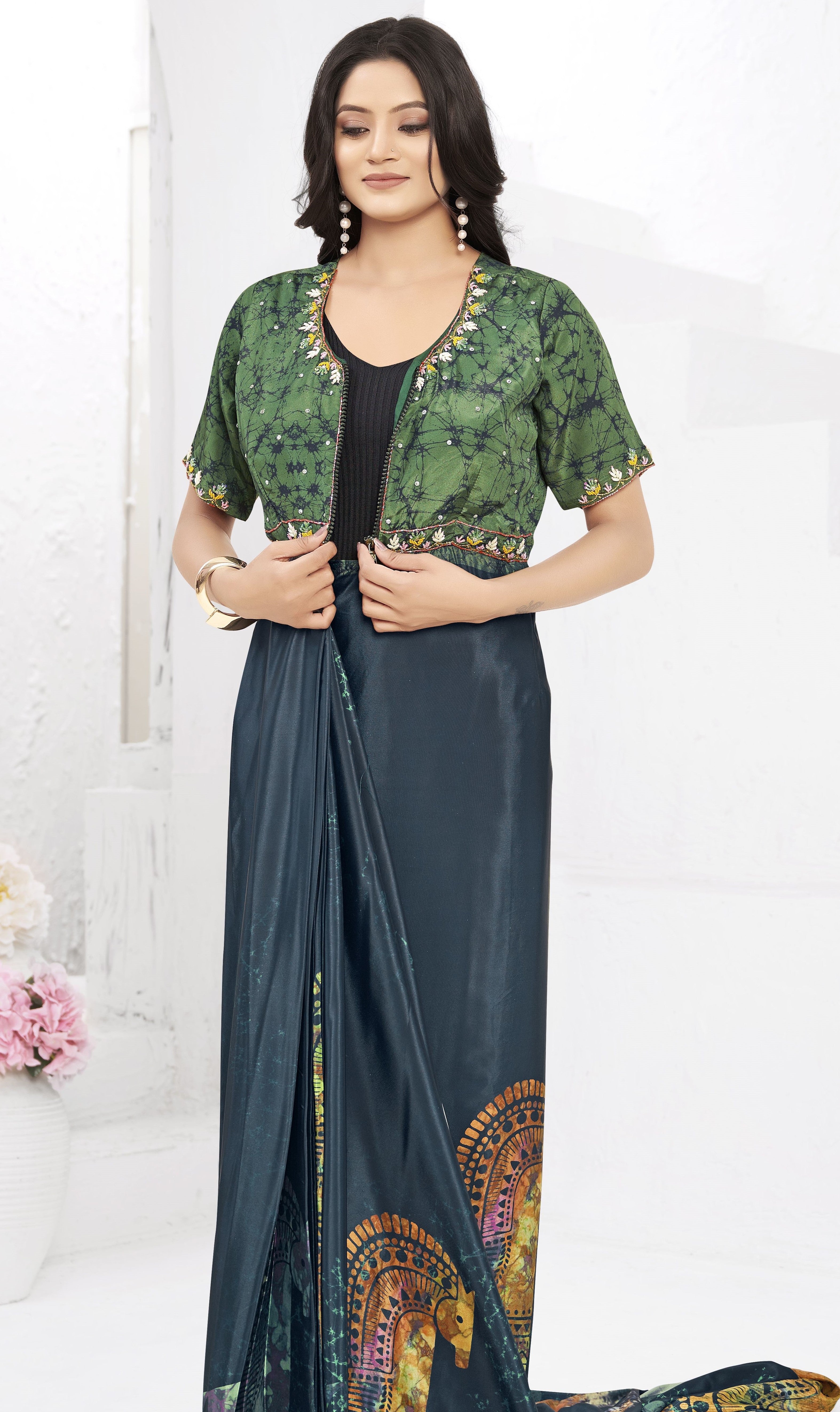 Blue Ready To Wear Gown Style Designer Printed Saree With Embroidery Work Blouse