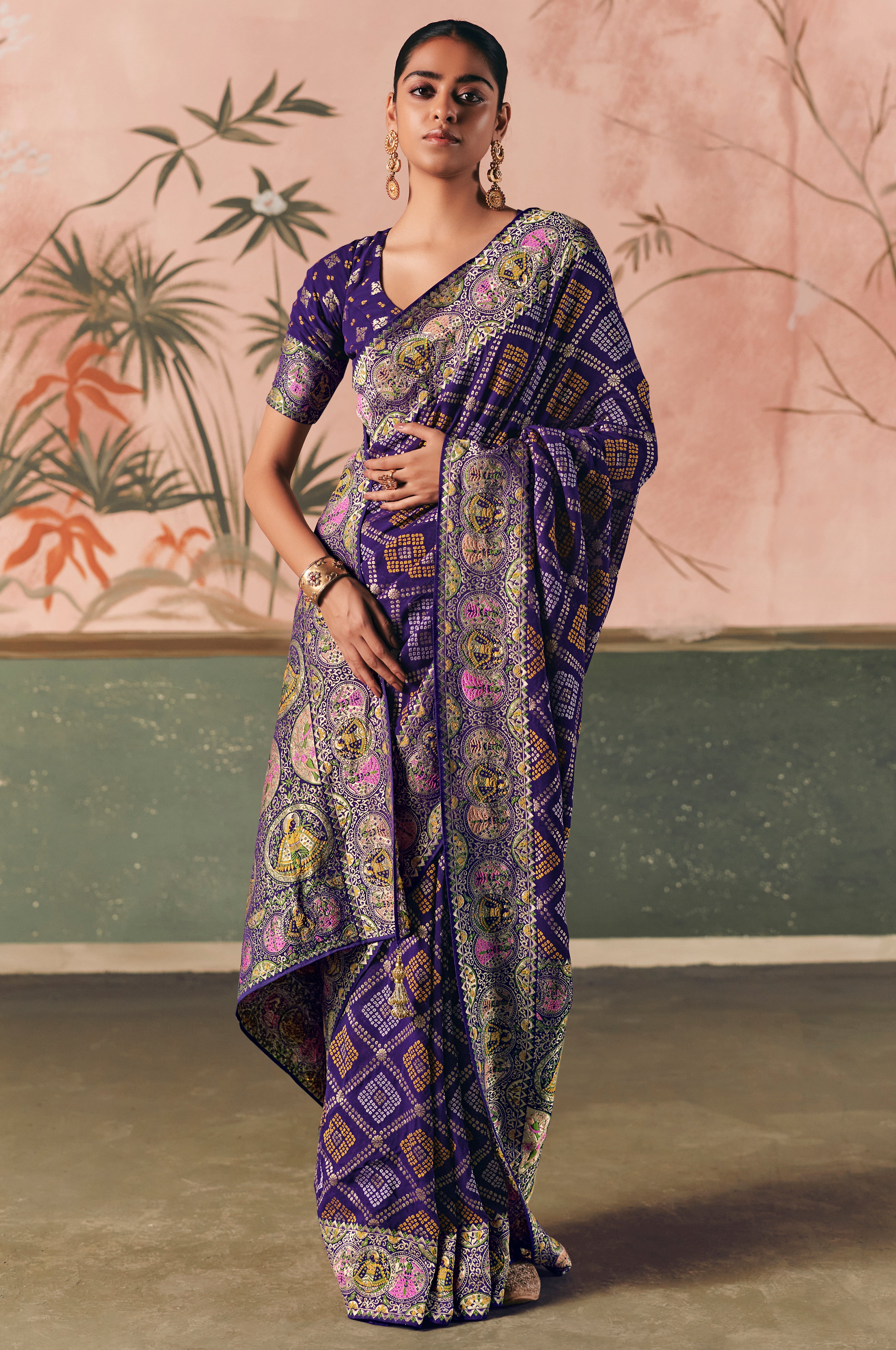 Blue Saree With  Designer Bandhej Weaving Work With Beutifull Tassles Attached