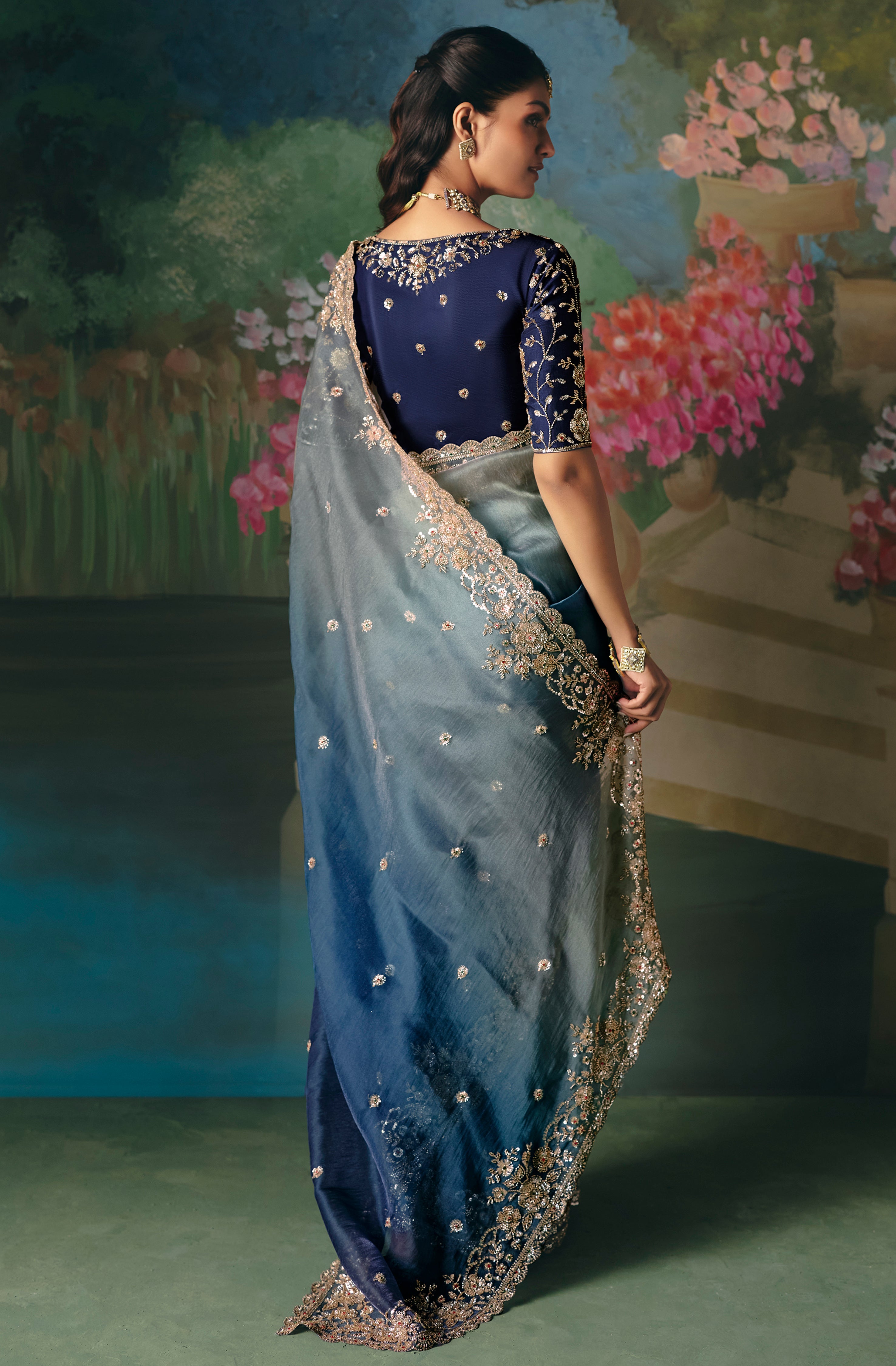 Blue Saree With  Heavy Designer Embroidery, Sequince, Stone, With Beads Work