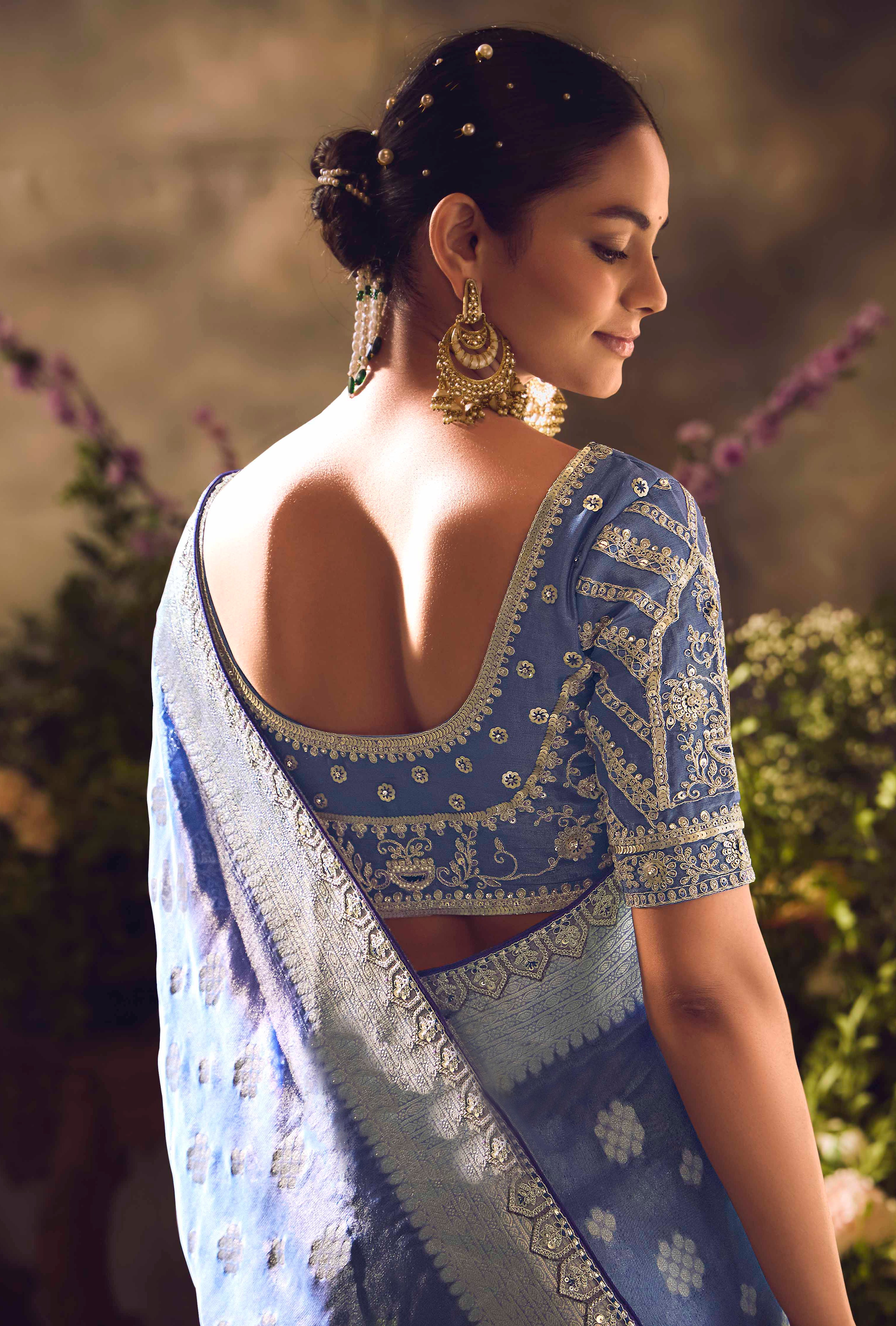 Blue Saree With  Jacquard Woven Work with Embroidered Lace Border