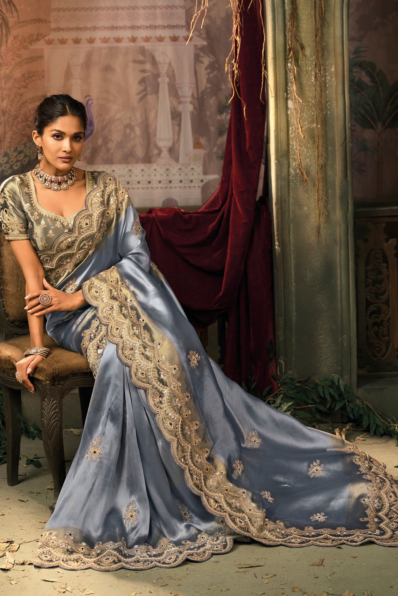 Blue Saree With  Jari, Moti, Emerald With Cut-Dana Heavy Work