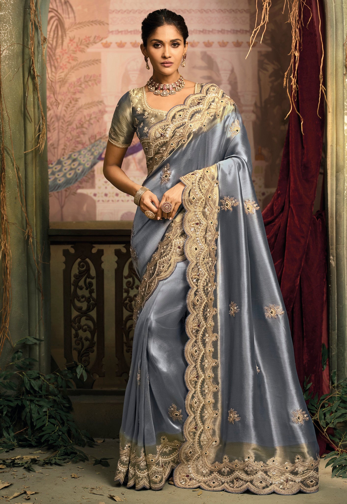 Blue Saree With  Jari, Moti, Emerald With Cut-Dana Heavy Work