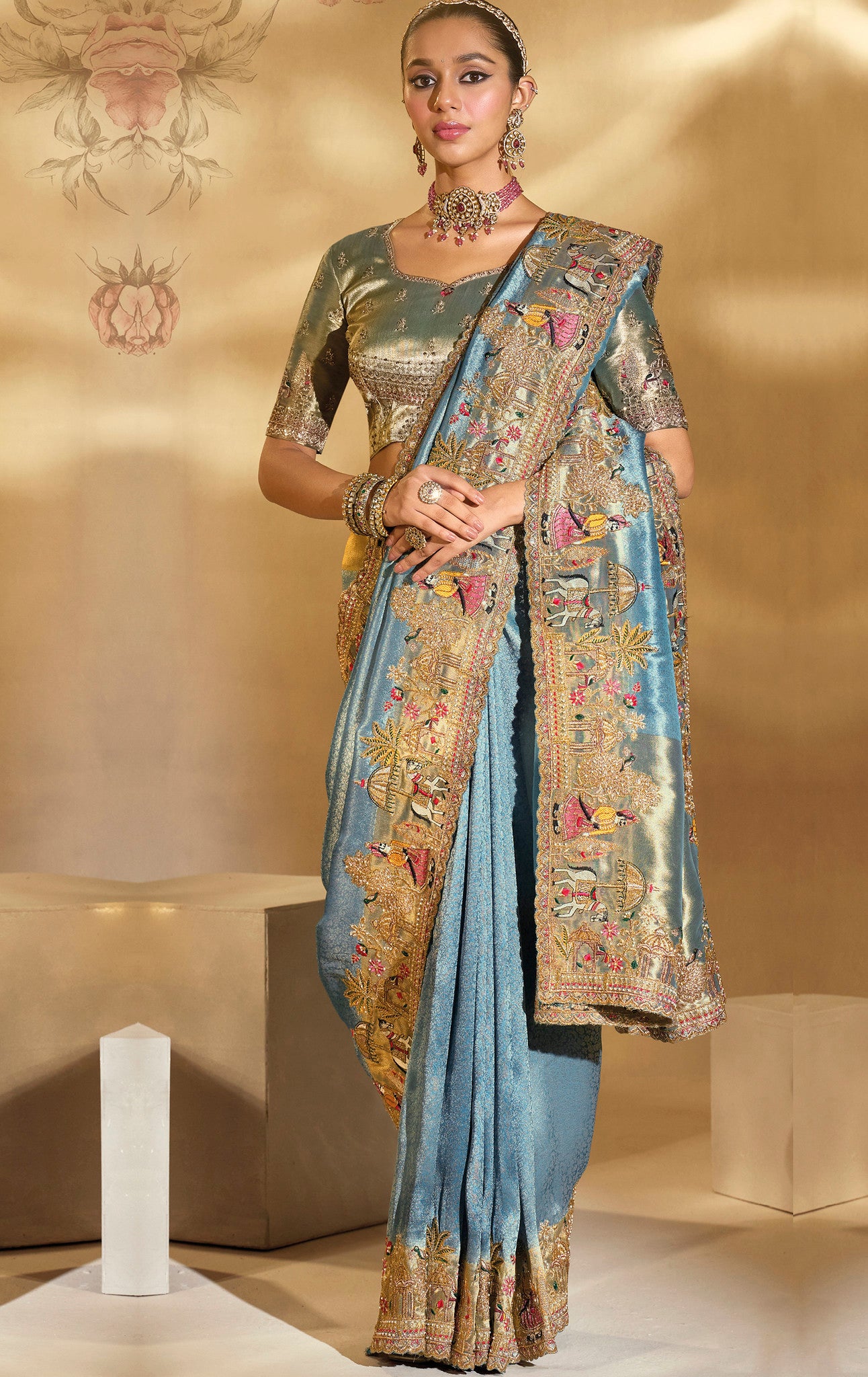 Blue Saree With  Jari, Thread, Cut-Dana With Moti Heavy Work