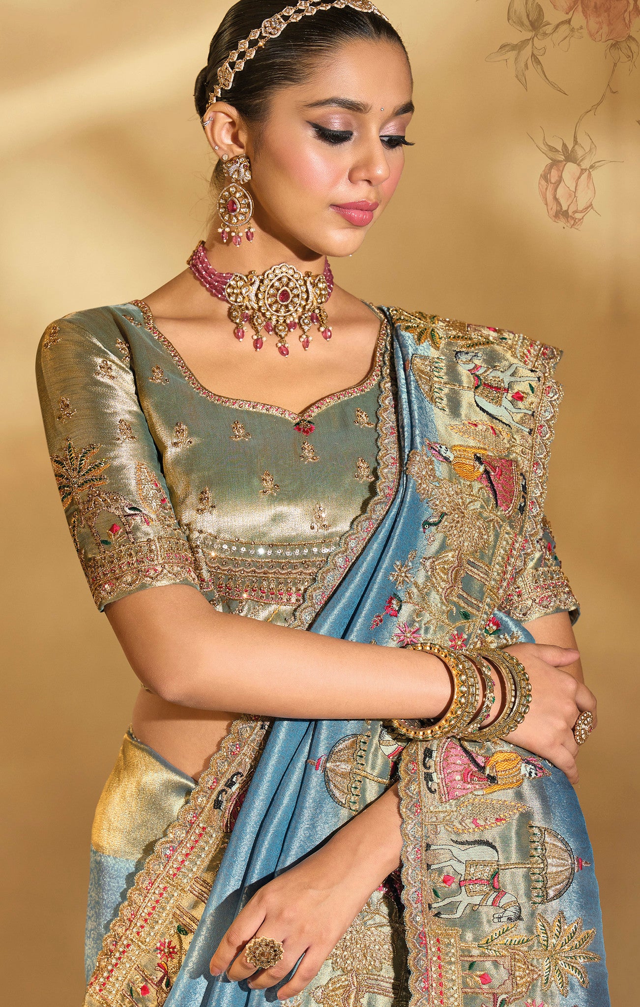 Blue Saree With  Jari, Thread, Cut-Dana With Moti Heavy Work