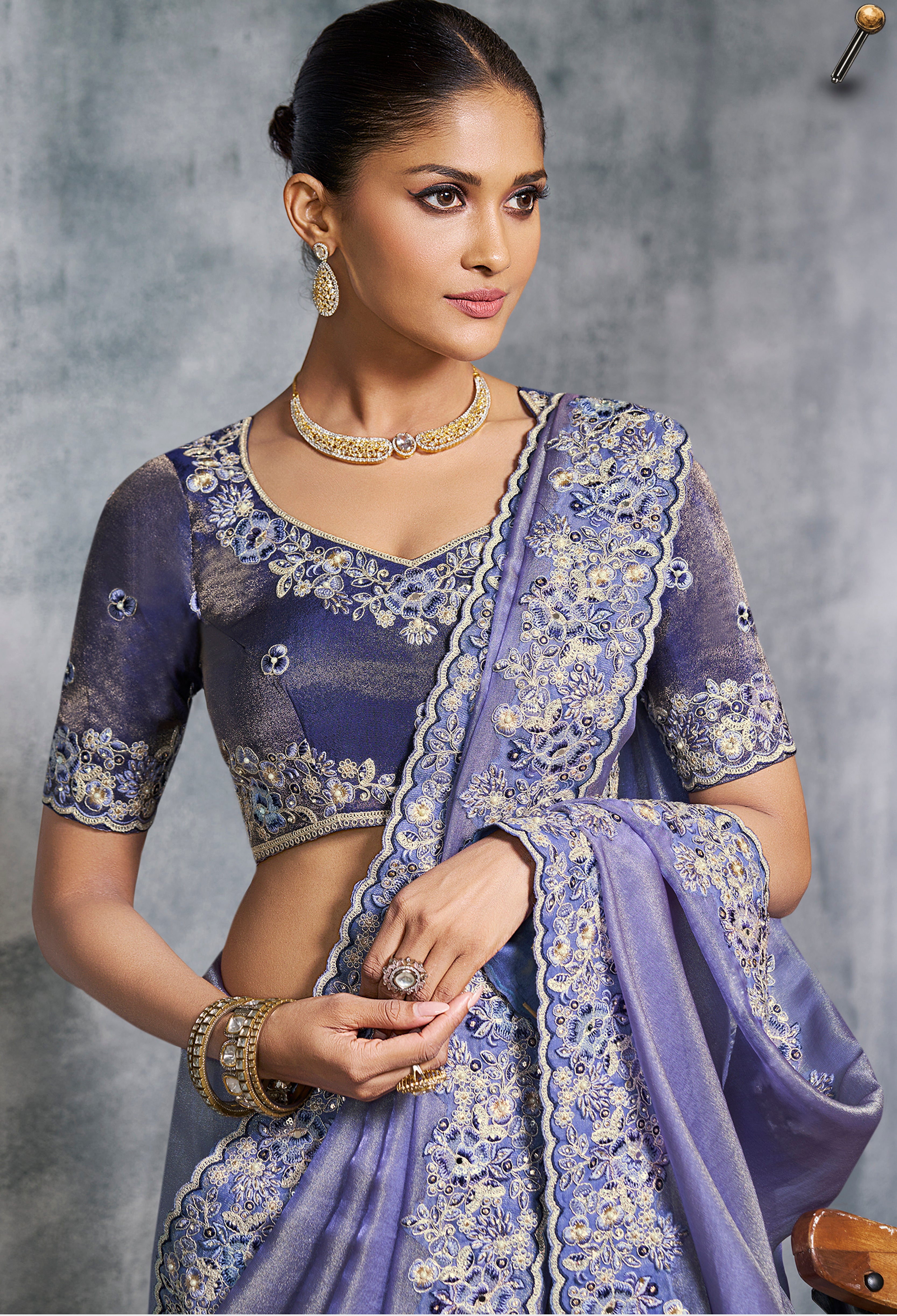 Blue Saree With  Thread Embroidery Work ,Hand-Finished Stone & Mirror work With Embroidery Blouse