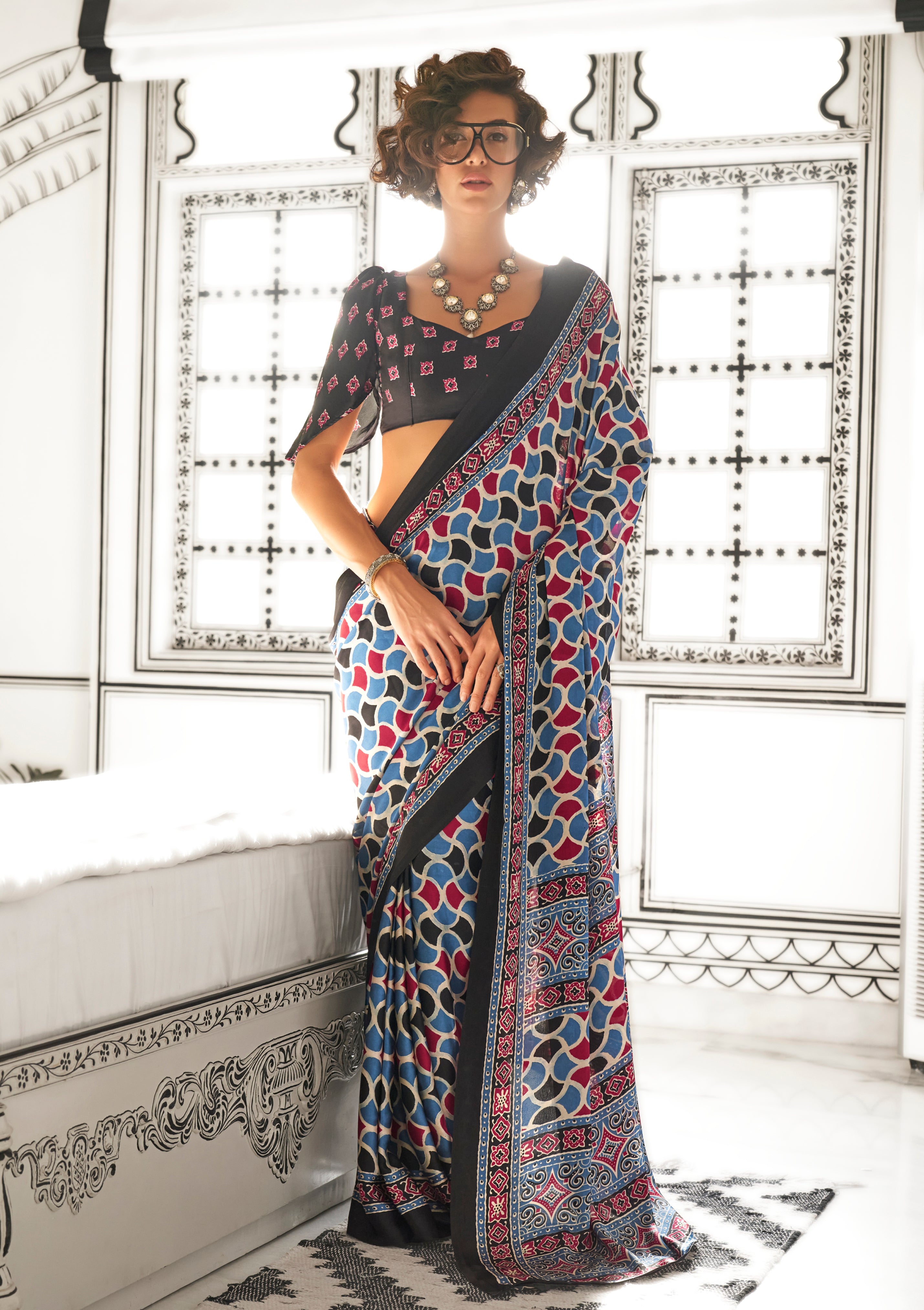 Blue Satin Crape Saree With  Digital Print
