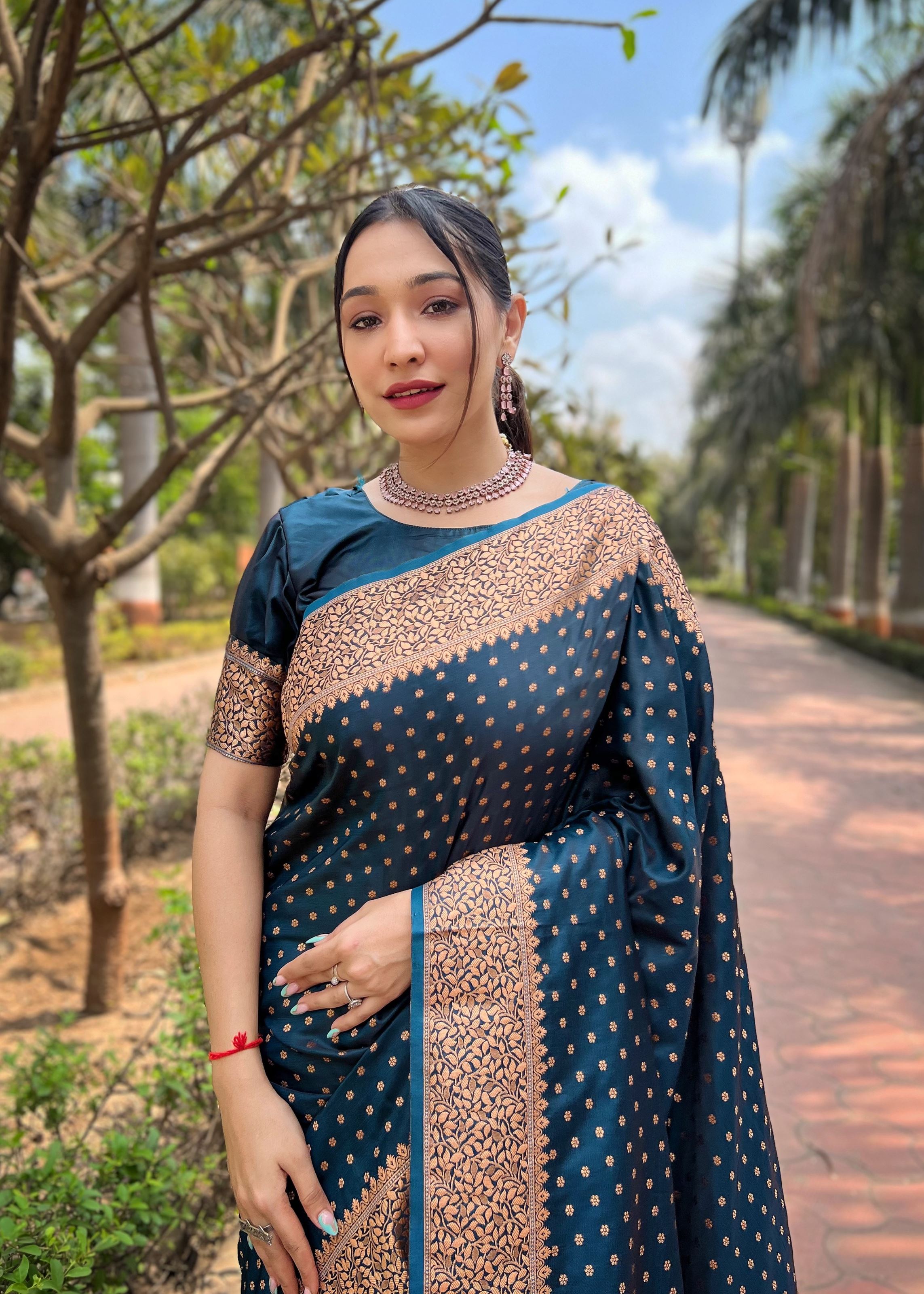 Blue Satin Saree With Woven Work