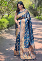 Blue Satin Saree With Woven Work