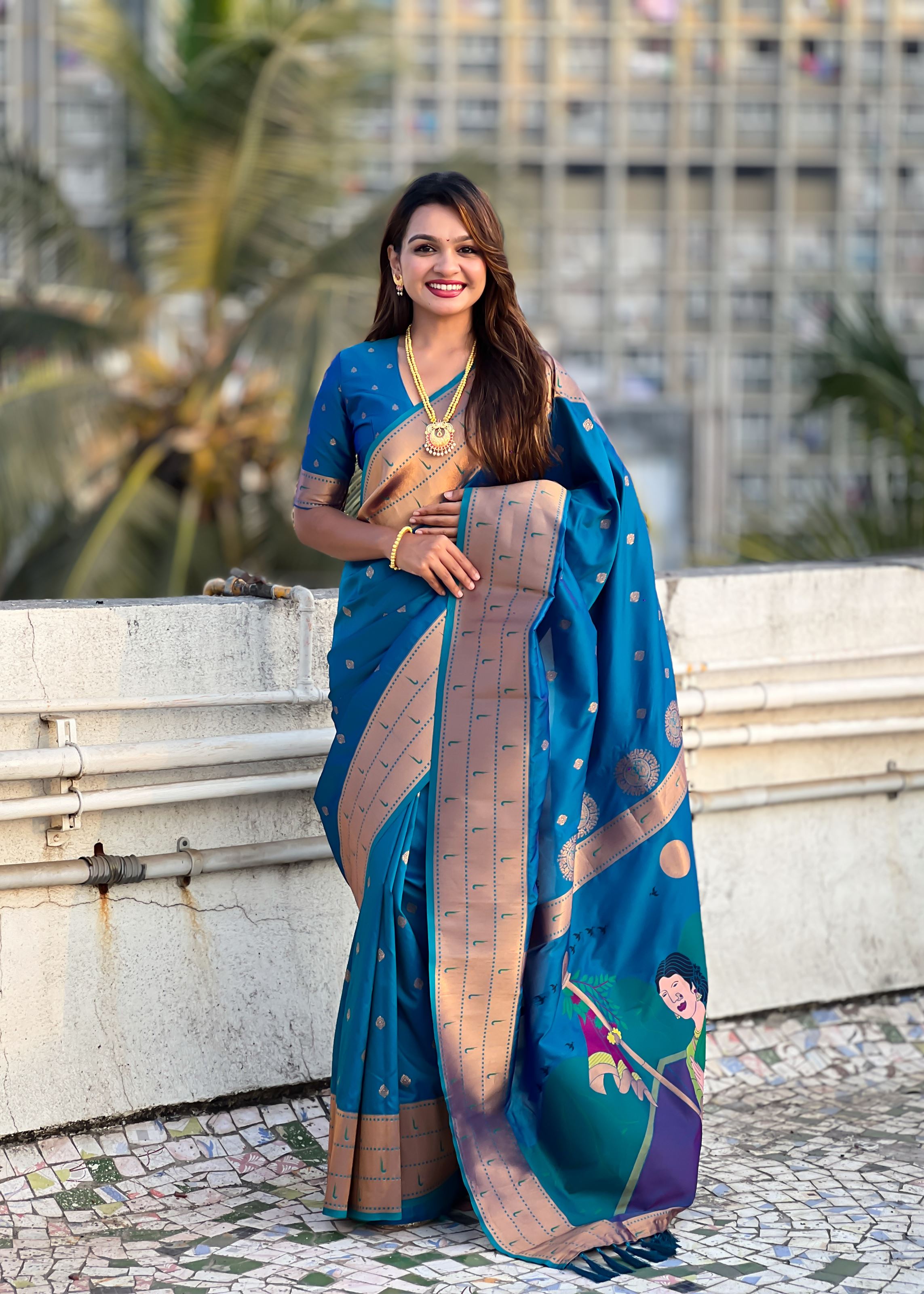 Blue Silk Blend Paithani Saree With Gudi Padwa Print