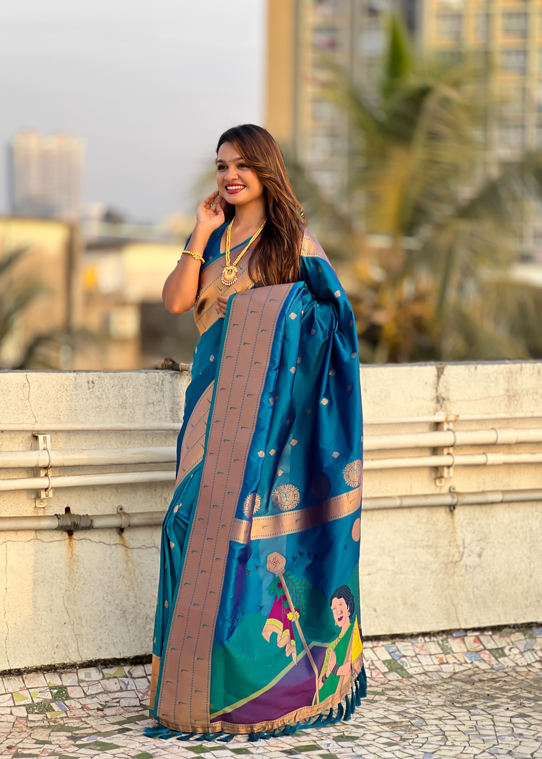 Blue Silk Blend Paithani Saree With Gudi Padwa Print