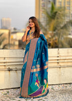 Blue Silk Blend Paithani Saree With Gudi Padwa Print