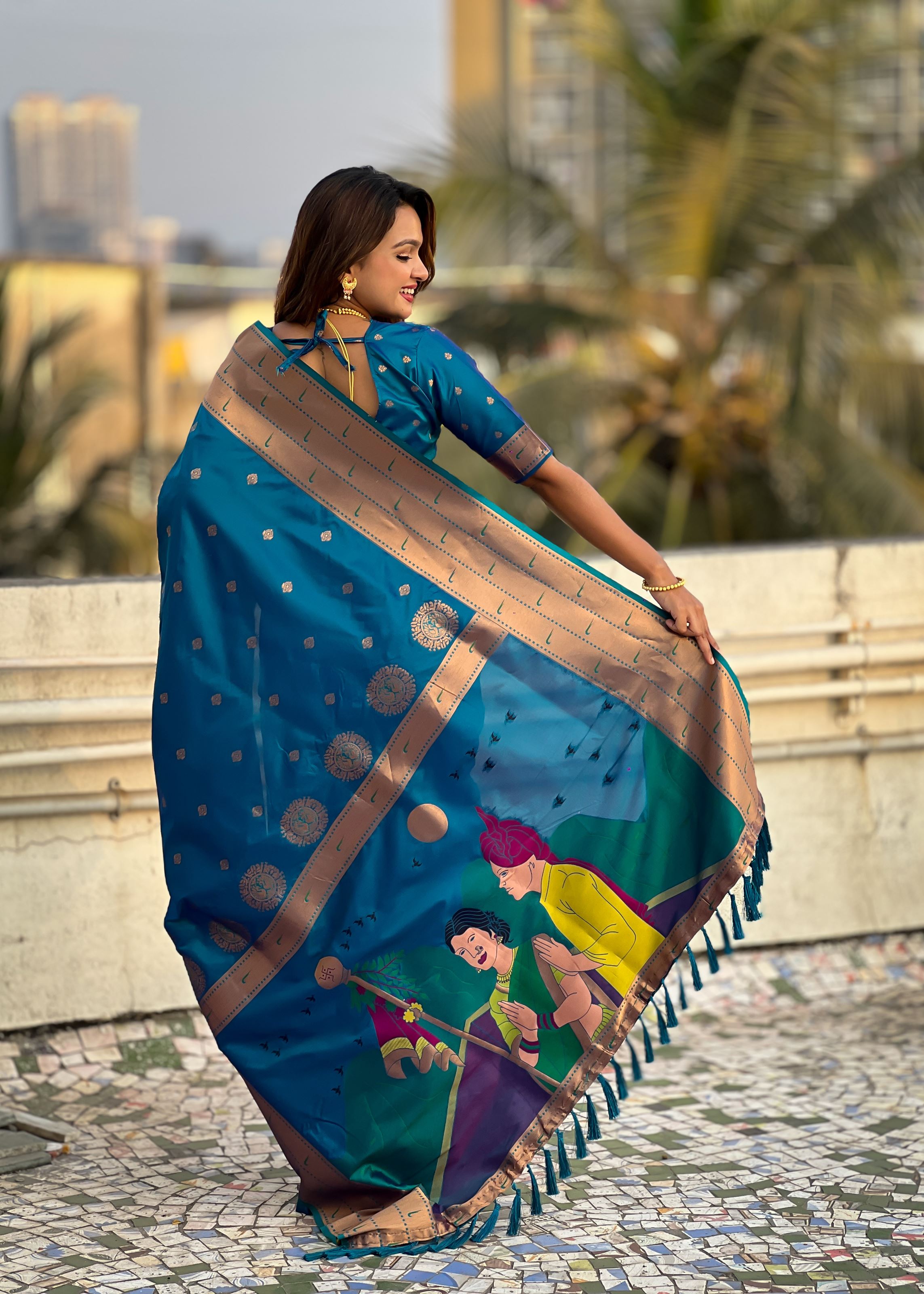 Blue Silk Blend Paithani Saree With Gudi Padwa Print
