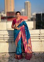 Blue Silk Blend Paithani Saree