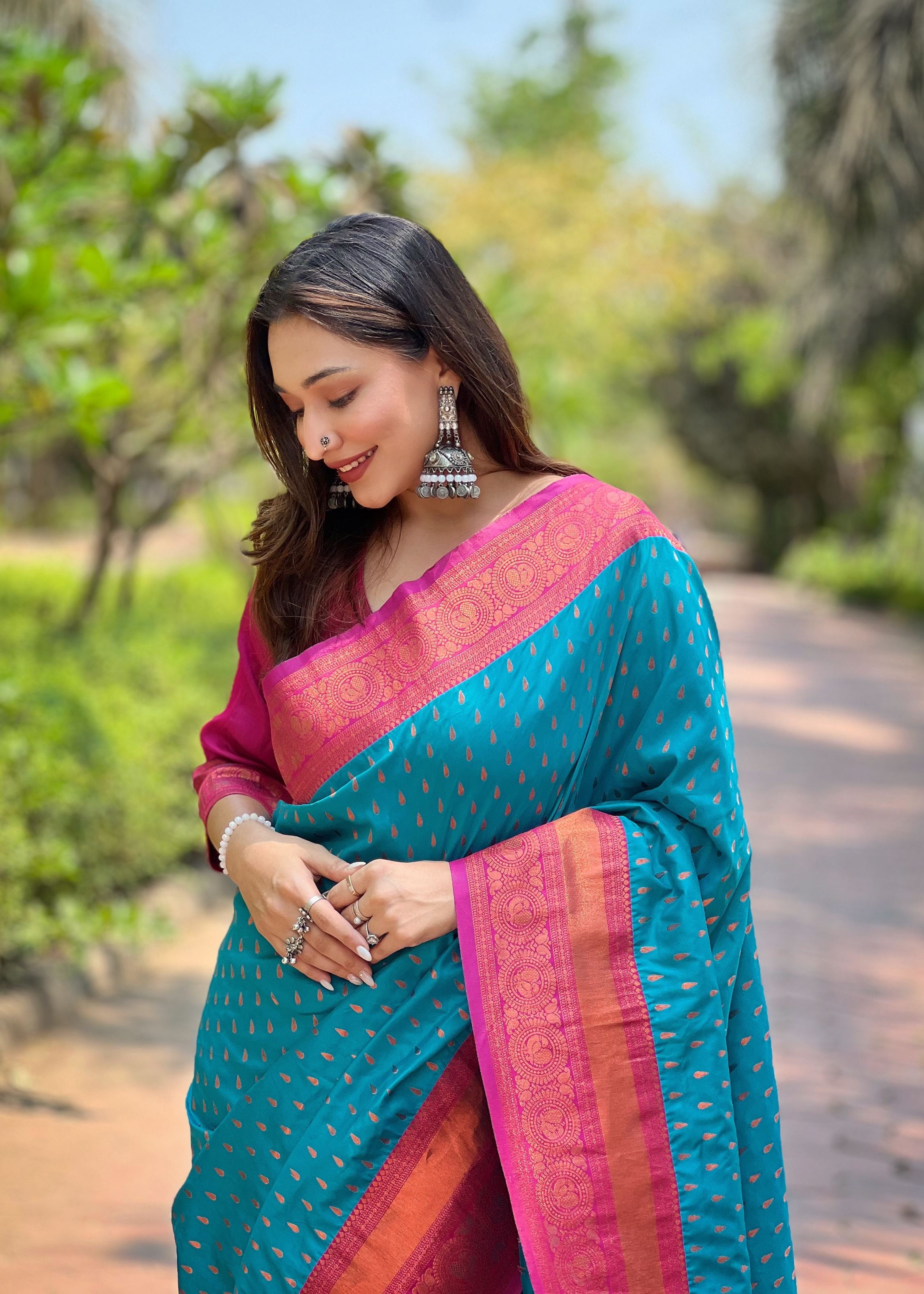 Blue Silk Blend Saree With Woven Work