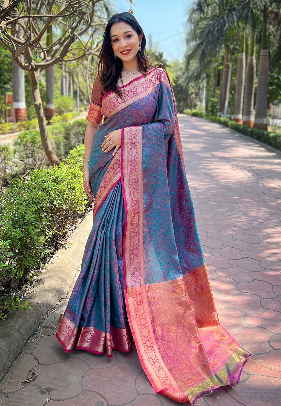 Blue Silk Blend Saree With Zari and Woven Work